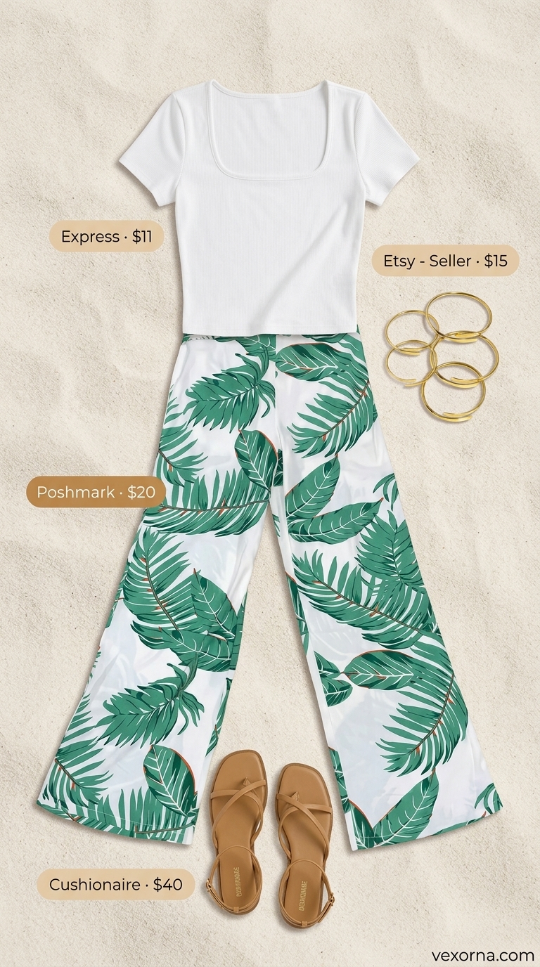 Bold tropical summer party outfit for women 2026: Palm print pants, white crop top, raffia bag.