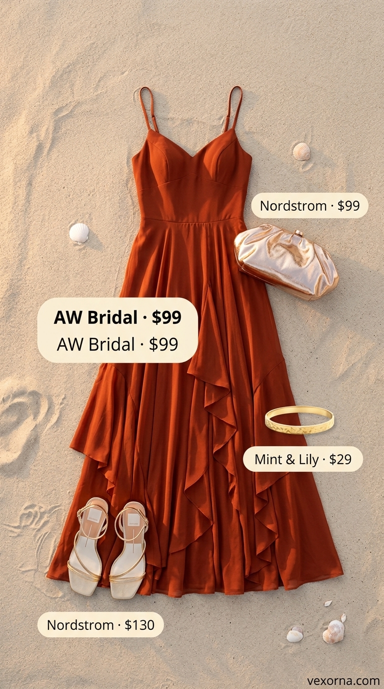 Tropical summer party outfit for women 2026: Rust orange maxi dress with gold block heels and metallic clutch.