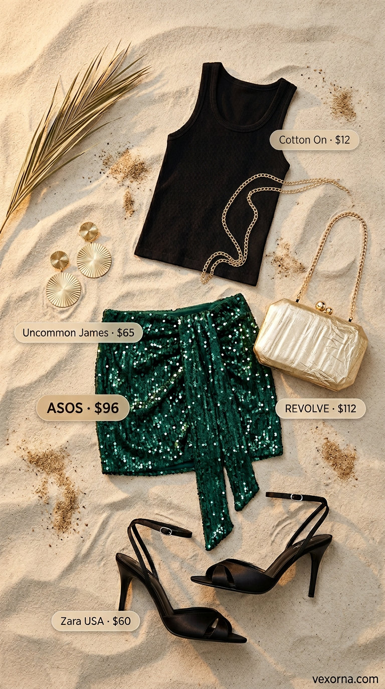 Glamorous tropical summer party outfit for women 2026: Sequin mini skirt, black tank, heeled sandals.