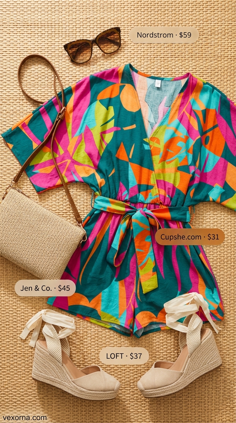 Chic tropical summer party outfit for women 2026: Teal utility jumpsuit, espadrilles, straw bag.