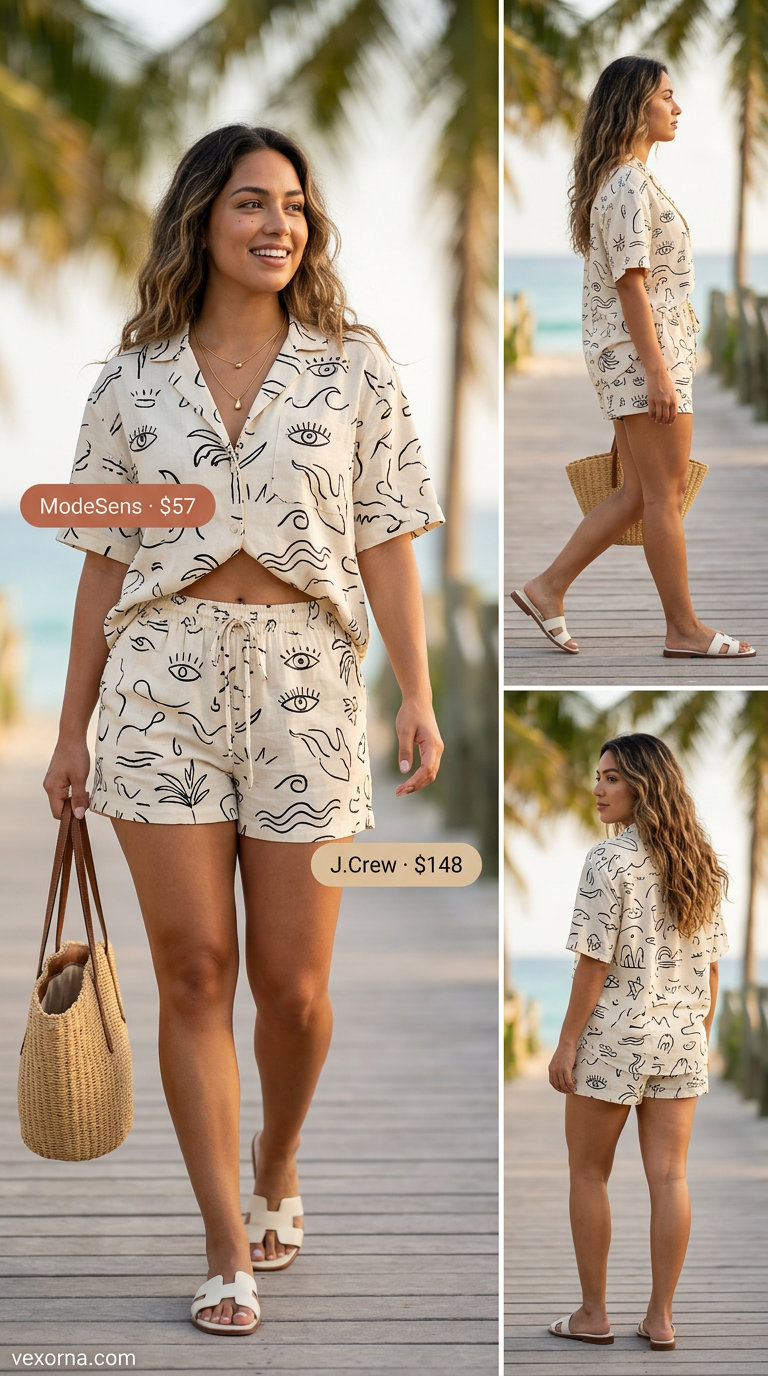 Coral and teal abstract print matching set, a vibrant tropical summer party outfit for women 2026. Includes straw tote.