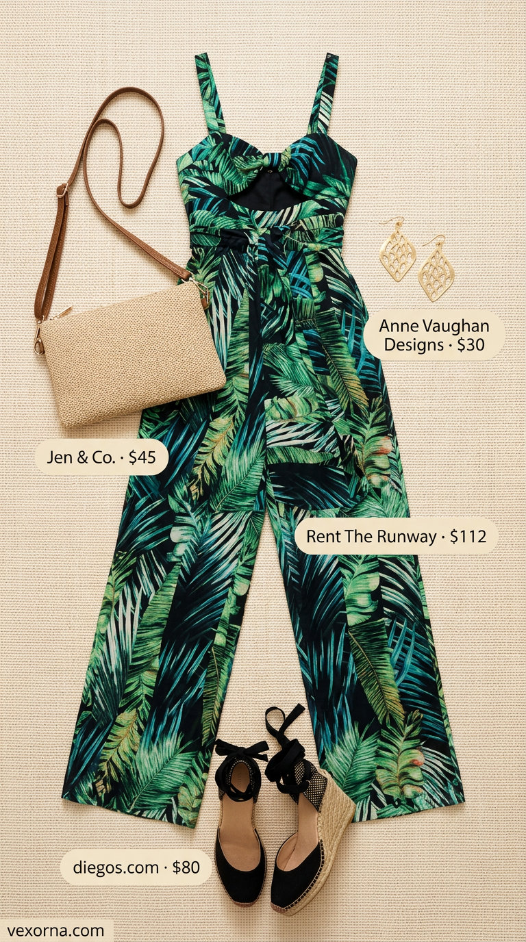 Bold jungle print wide-leg jumpsuit, a stylish tropical summer party outfit for women 2026. Features espadrille wedges.
