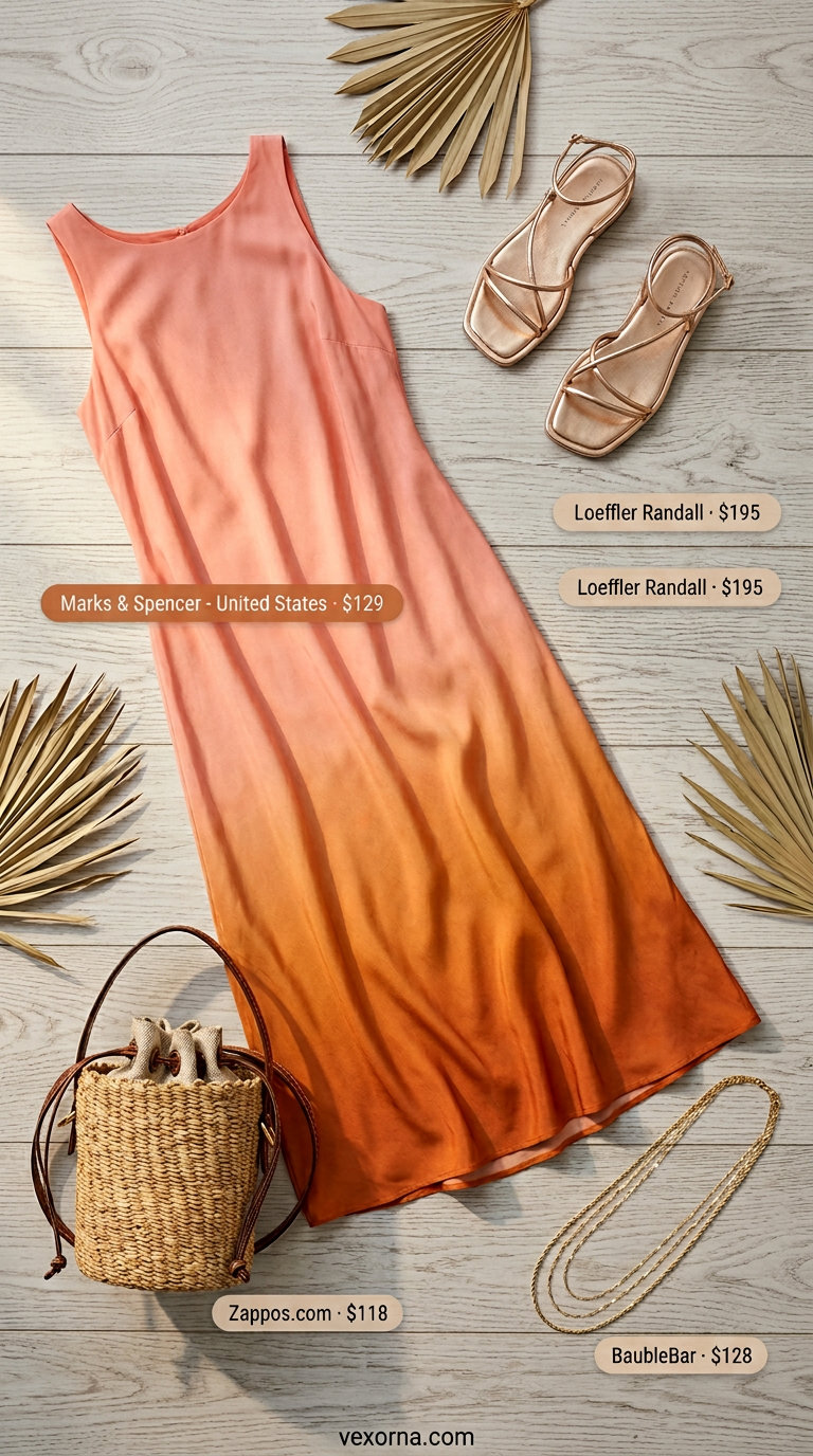 Ombre coral to sunset orange slip dress, a glamorous tropical summer party outfit for women 2026. With gold sandals.