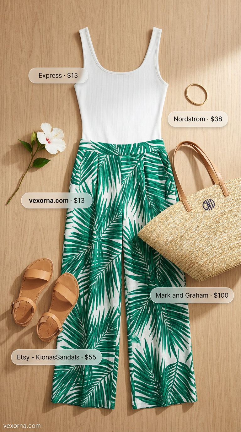 Emerald green palm leaf print wide-leg pants, a chic tropical summer party outfit for women 2026. With white bodysuit.