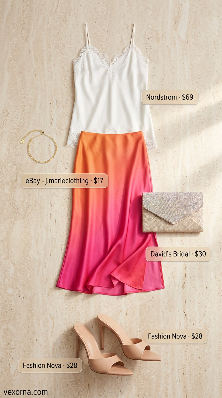 Sunset orange-pink slip skirt, an elegant tropical summer party outfit for women 2026. With lace camisole & heeled mules.