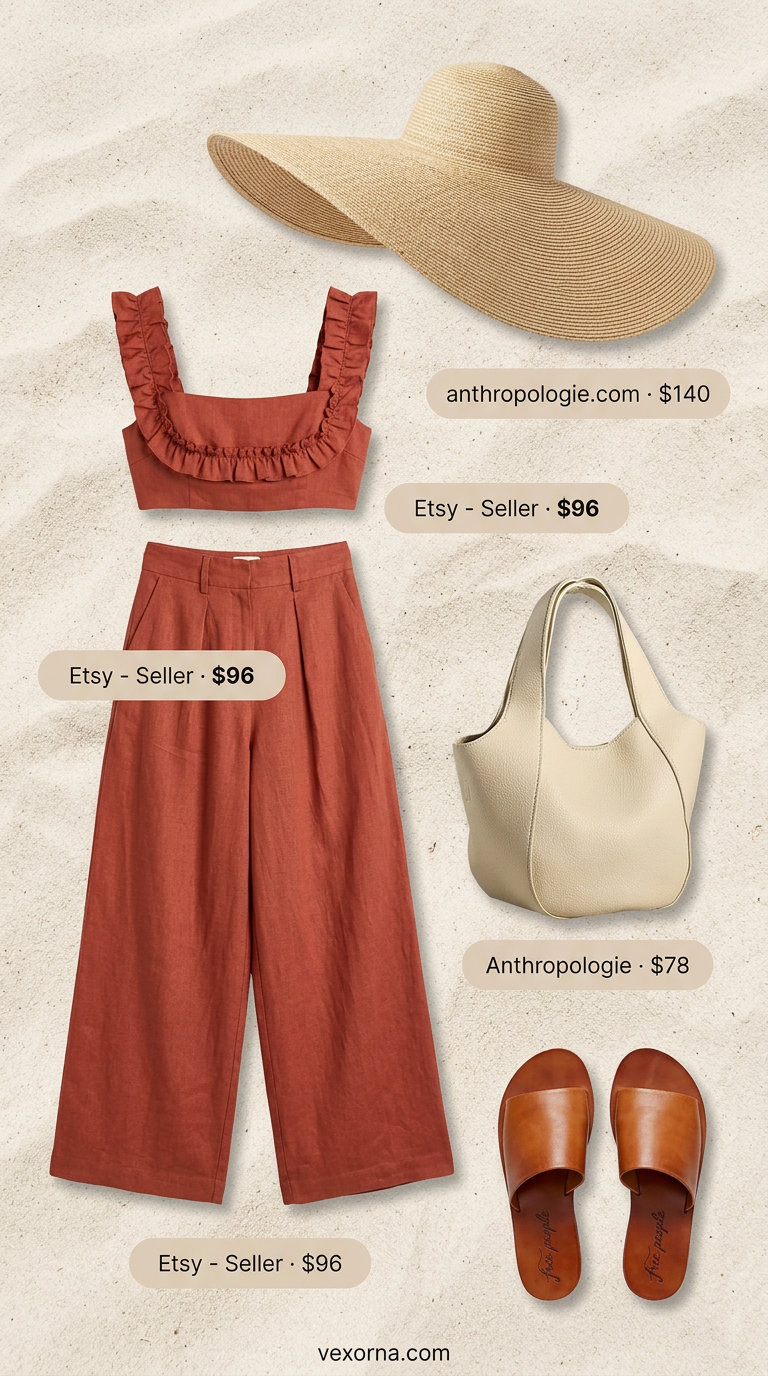 Terracotta linen matching set, a chic tropical summer party outfit for women 2026. Features wide-leg pants & cropped tank.