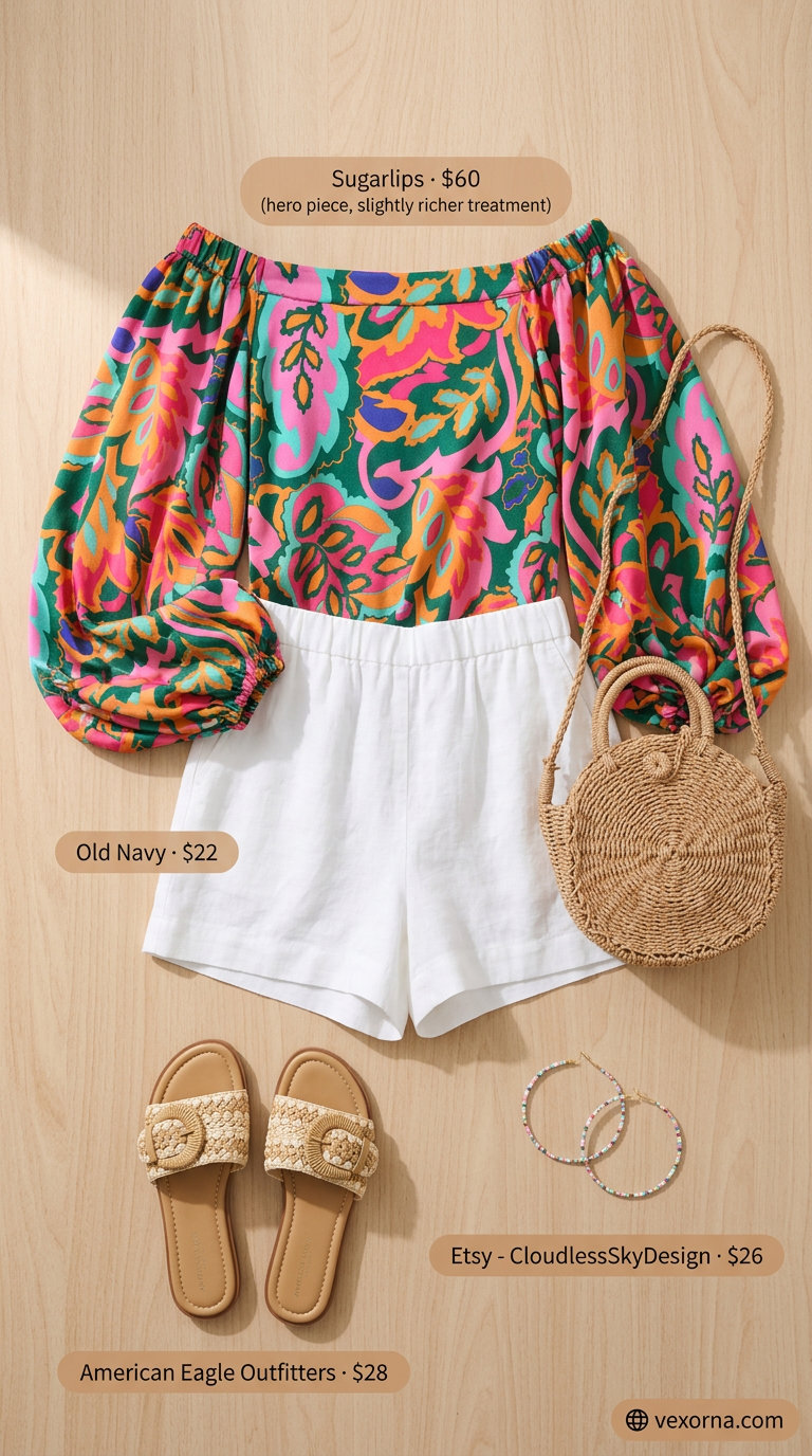 Off-the-shoulder tropical print top with white linen shorts, a playful tropical summer party outfit for women 2026.