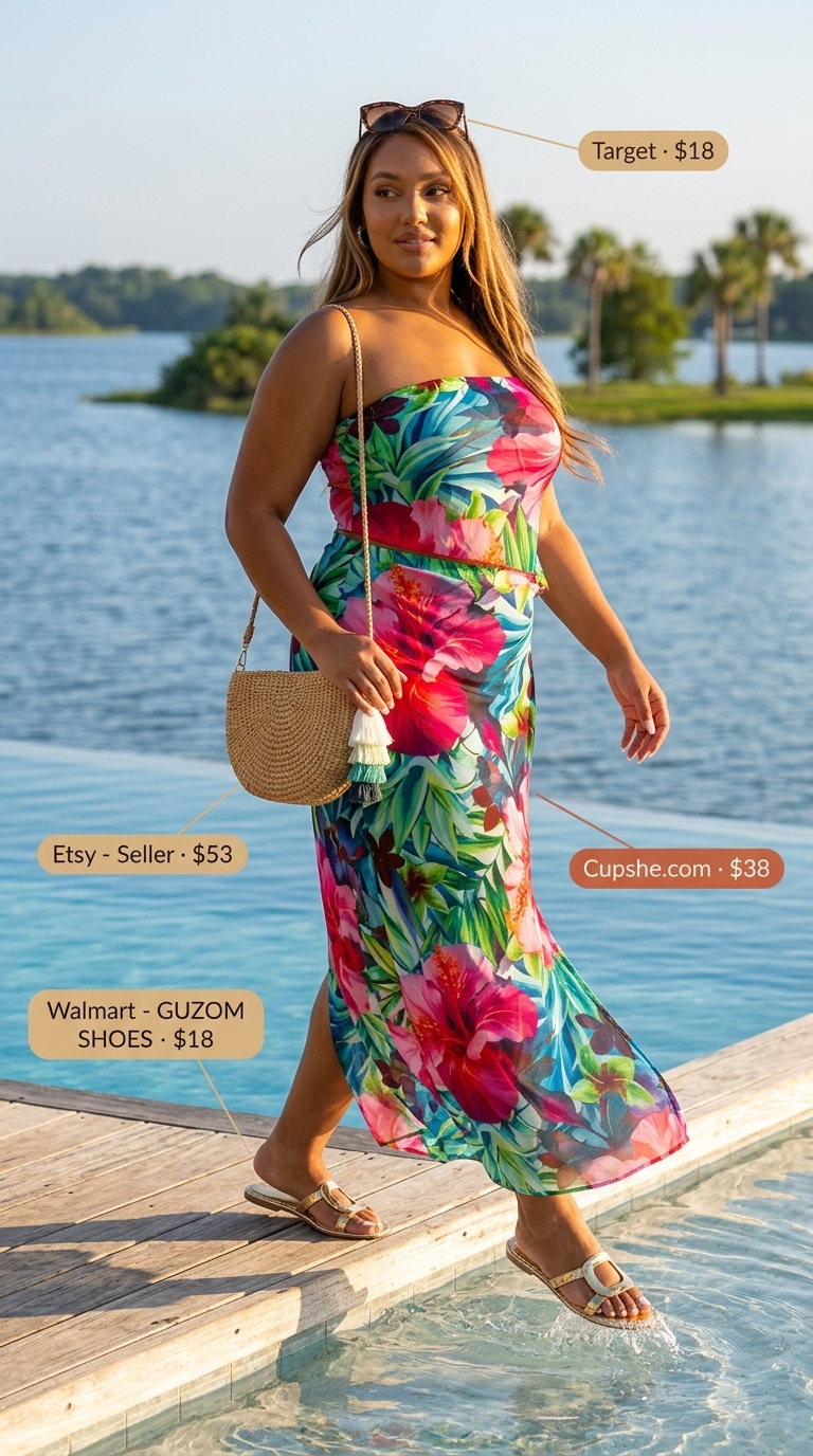 Tropical Pool Party Outfits for Women 2026: Boho Maxi Tropical summer pool party outfits for women 2026: Floral maxi dress, gold sandals, straw bag, cat-eye sunglasses.