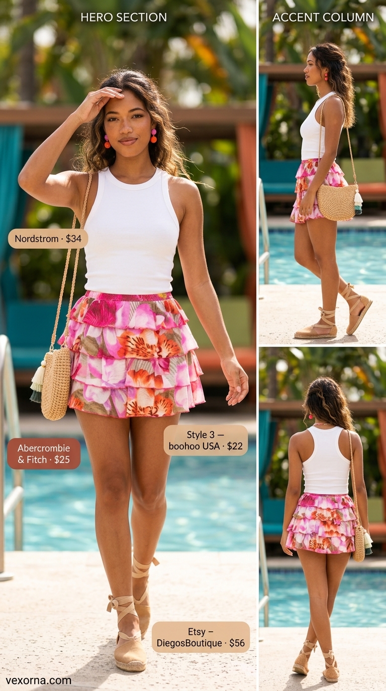 Tropical Summer Pool Party Outfits for Women 2026: Floral Mini Skirt Tropical floral mini skirt for tropical summer pool party outfits for women 2026. Playful, energetic daytime style.