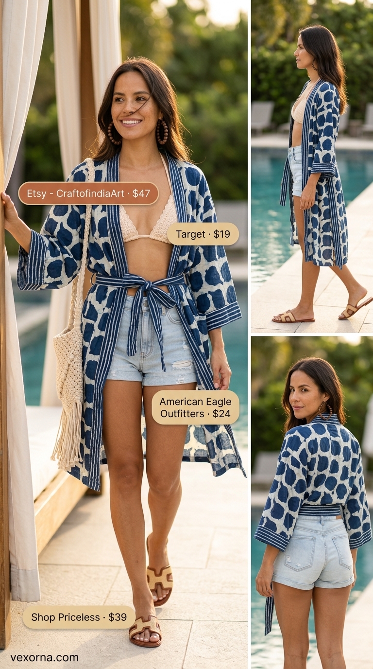 Tropical Pool Party Outfits for Women 2026: Boho Kimono Look Tropical summer pool party outfits for women 2026: Indigo kimono, crochet bikini, denim shorts, macrame bag, wood earrings.