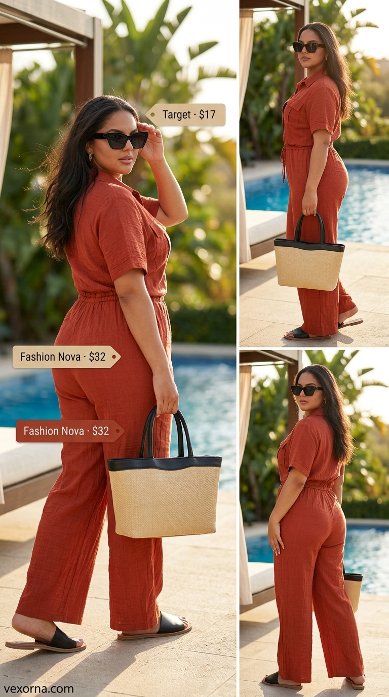 Tropical Summer Pool Party Outfits for Women 2026: Jumpsuit Terracotta linen jumpsuit for tropical summer pool party outfits for women 2026. Sophisticated resort casual style.