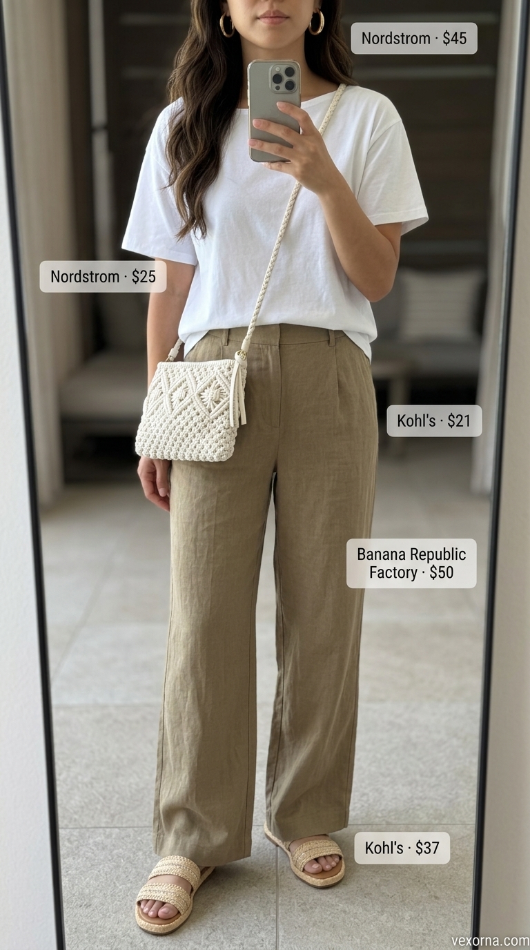 Tropical Pool Party Outfits for Women 2026: Linen Pants Style Tropical summer pool party outfits for women 2026: Khaki linen pants, cream knit top, gold hoops, woven slides, canvas bag.