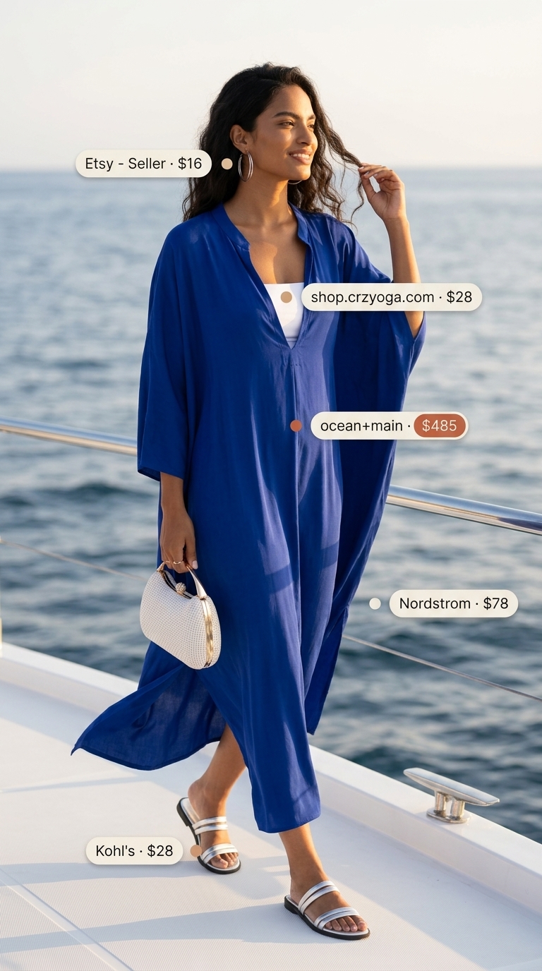 Tropical Pool Party Outfits for Women 2026: Maxi Caftan Style Tropical summer pool party outfits for women 2026: Cobalt blue maxi caftan over white bikini, silver sandals, raffia clutch.