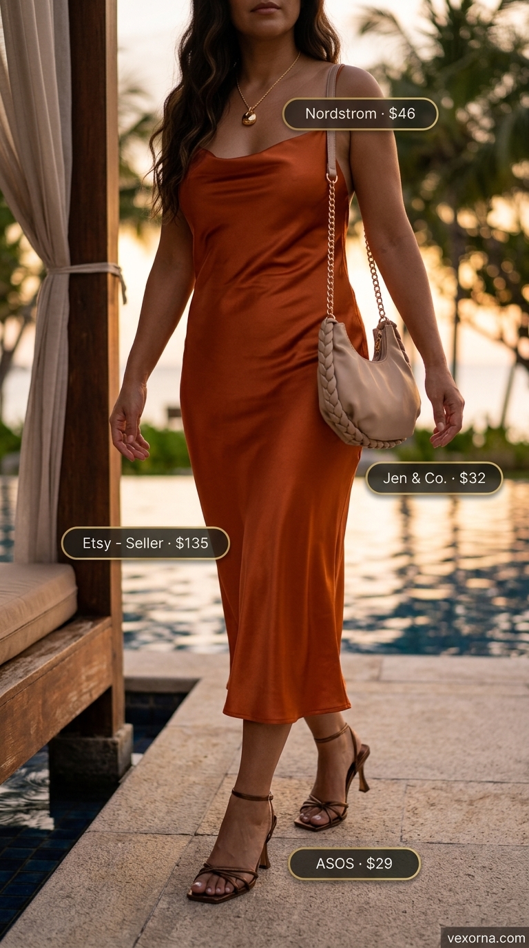 Tropical Summer Pool Party Outfits for Women 2026: Orange Slip Dress Fiery orange slip dress for tropical summer pool party outfits for women 2026. Sultry, romantic evening style.