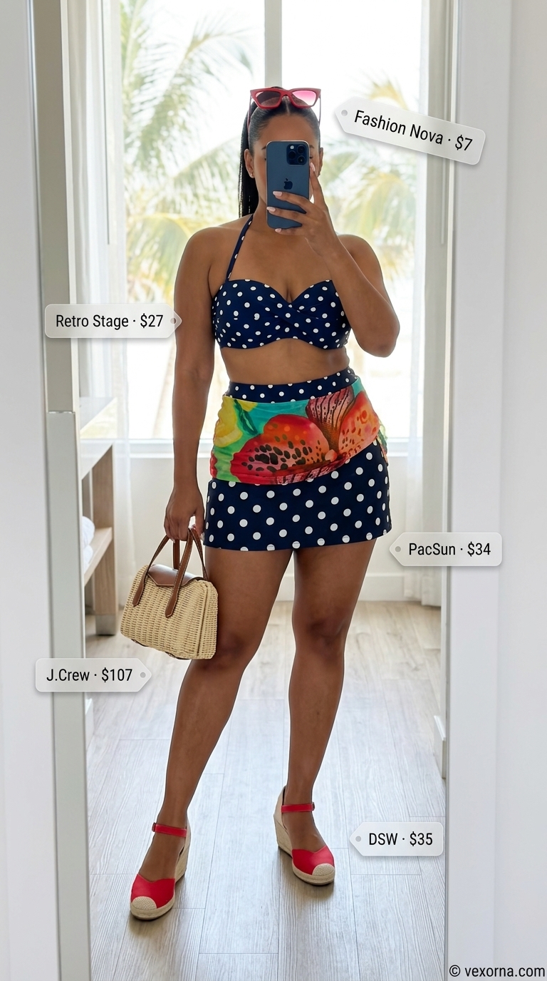 Tropical Pool Party Outfits for Women 2026: Retro Glam Tropical summer pool party outfits for women 2026: Navy polka dot bikini, mini skirt, espadrilles, wicker bag, cat-eye sunglasses.