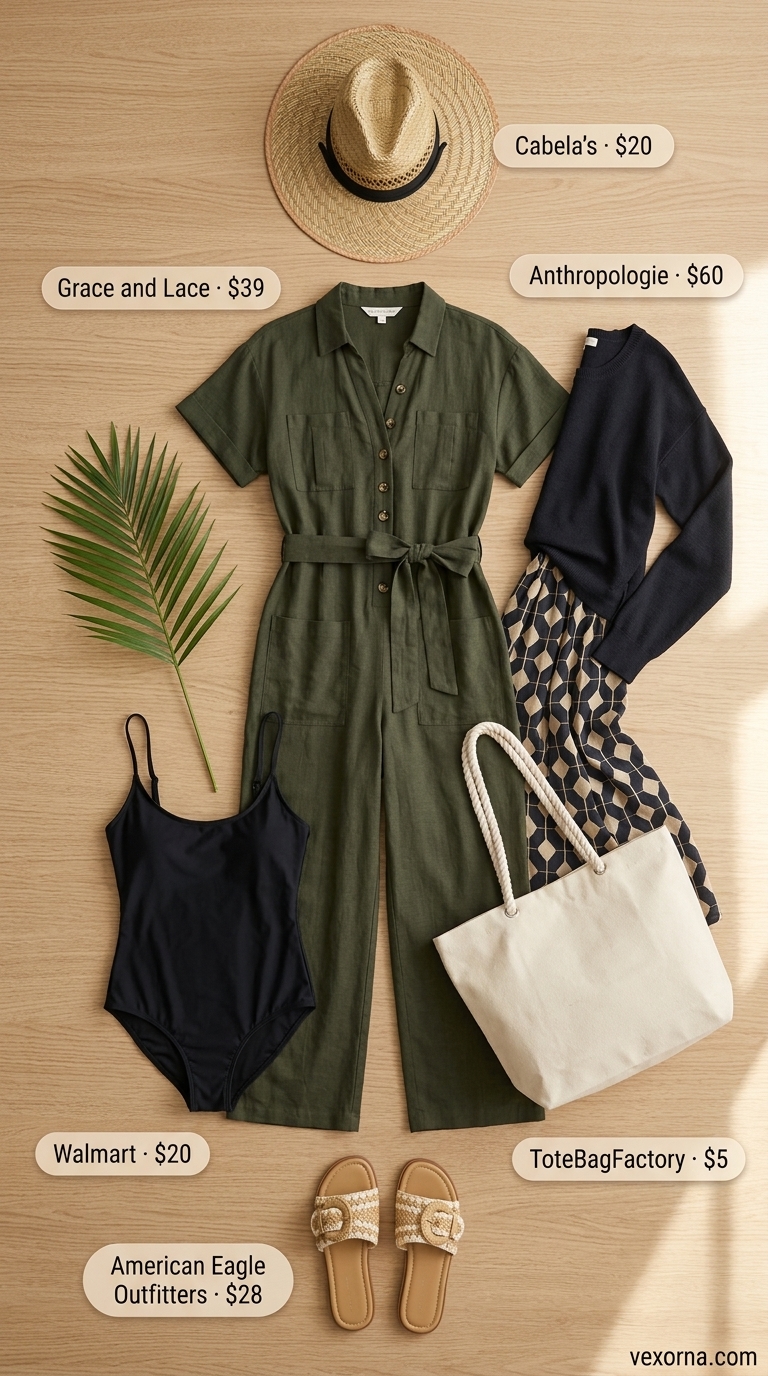 Tropical Pool Party Outfits for Women 2026: Safari Jumpsuit Tropical summer pool party outfits for women 2026: Olive green utility jumpsuit, black swimsuit, straw hat, raffia slides.