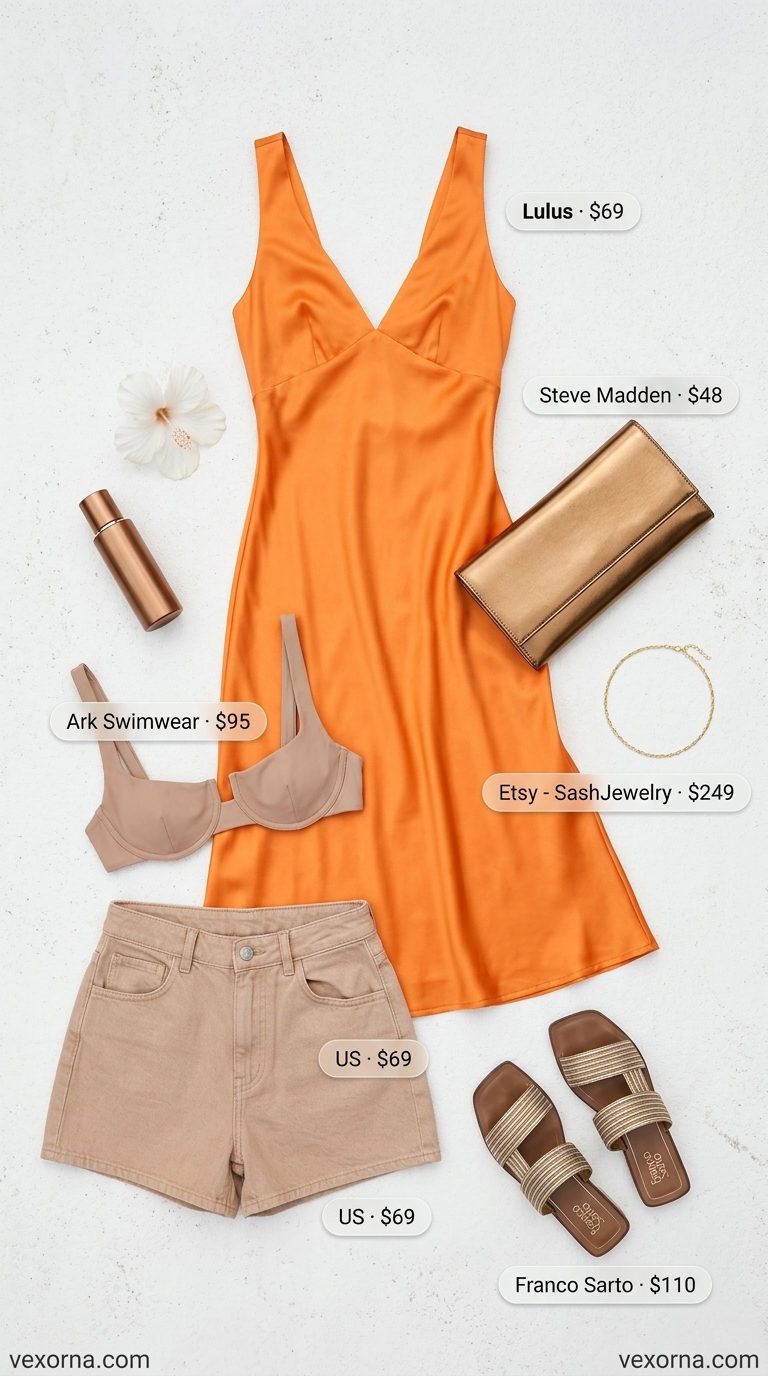 Tropical Summer Pool Party Outfits for Women 2026: Tangerine Dress Tangerine orange satin slip dress for tropical summer pool party outfits for women 2026. Sleek, vibrant lounge style.