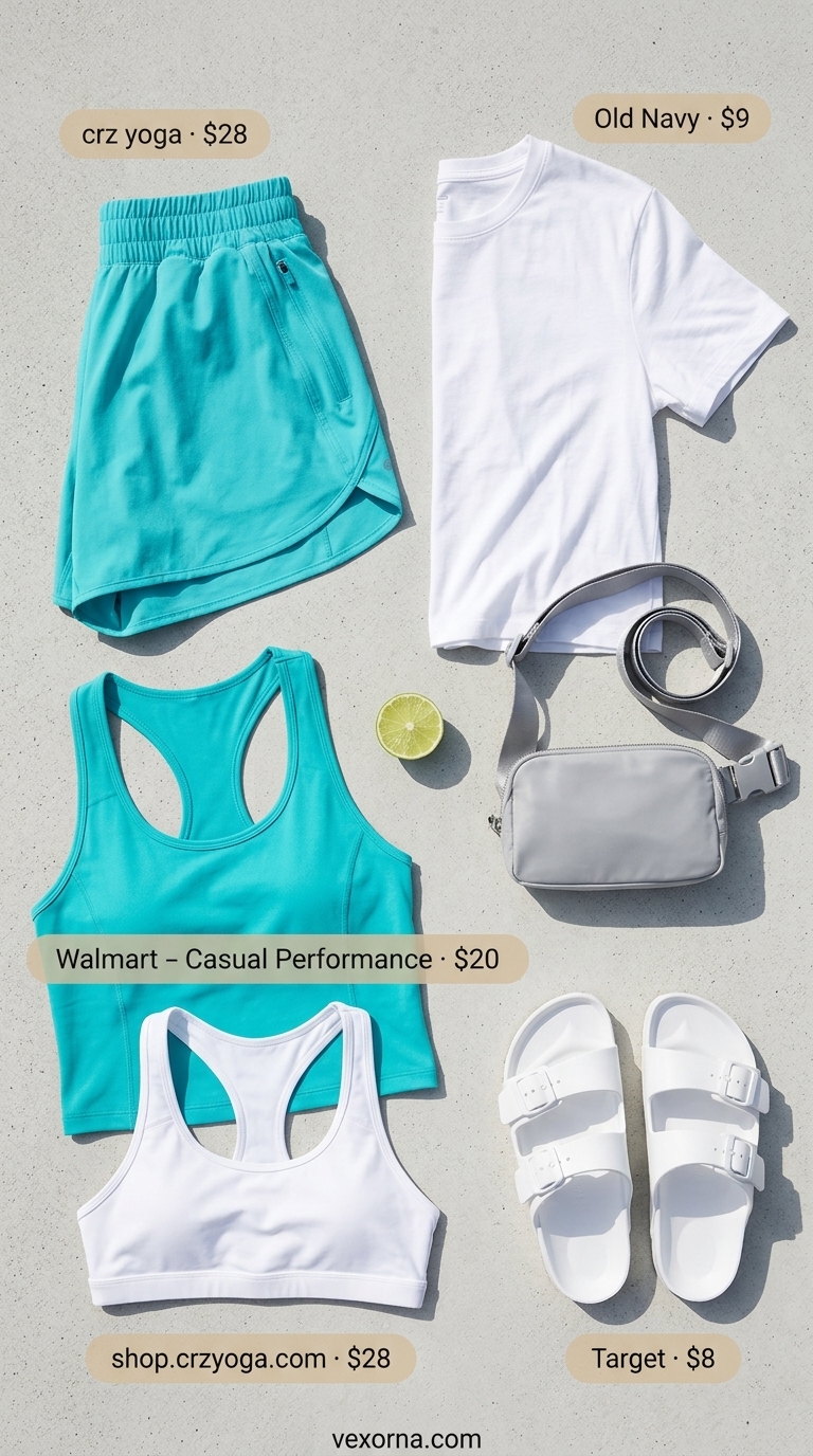 Aqua Active Poolside Outfits 2026 Aqua Active Poolside: Turquoise performance shorts, white bikini top, and slides for tropical summer pool party outfits 2026.