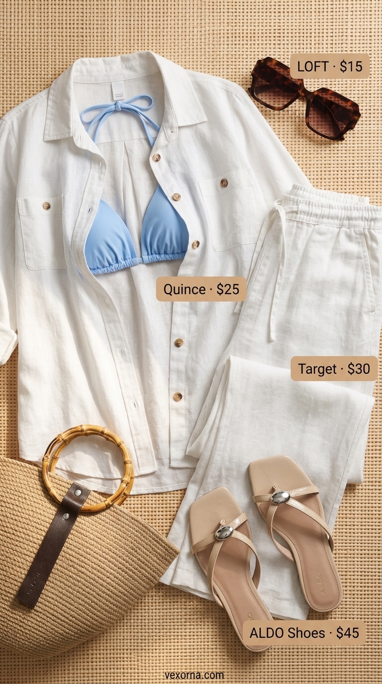 Azure Coast Elegance Pool Party Outfits 2026 Azure Coast Elegance: White linen set, sky blue bikini, and woven tote for tropical summer pool party outfits 2026.