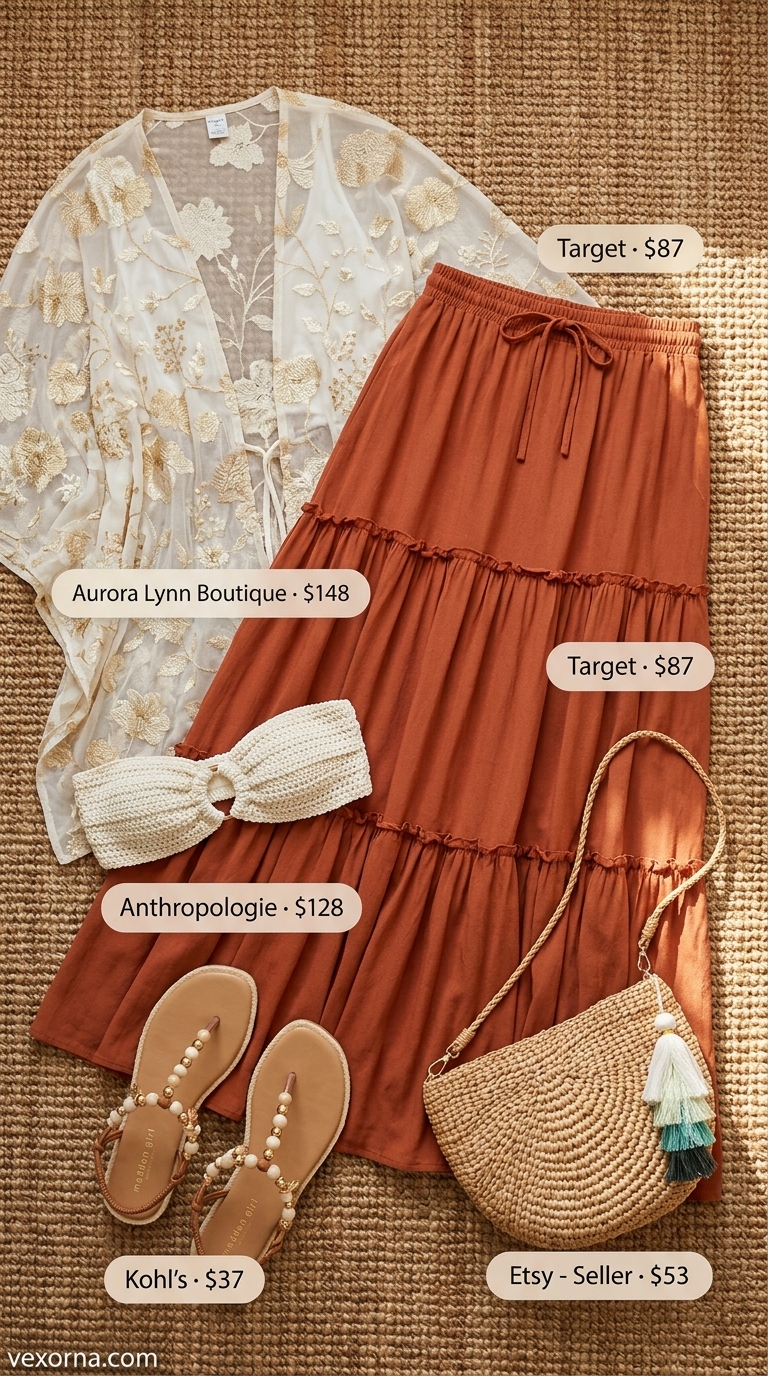 Boho Sunset Soiree Pool Party Outfits 2026 Boho Sunset Soiree: Terracotta tiered maxi skirt, cream bikini top, and kimono for tropical summer pool party outfits 2026.