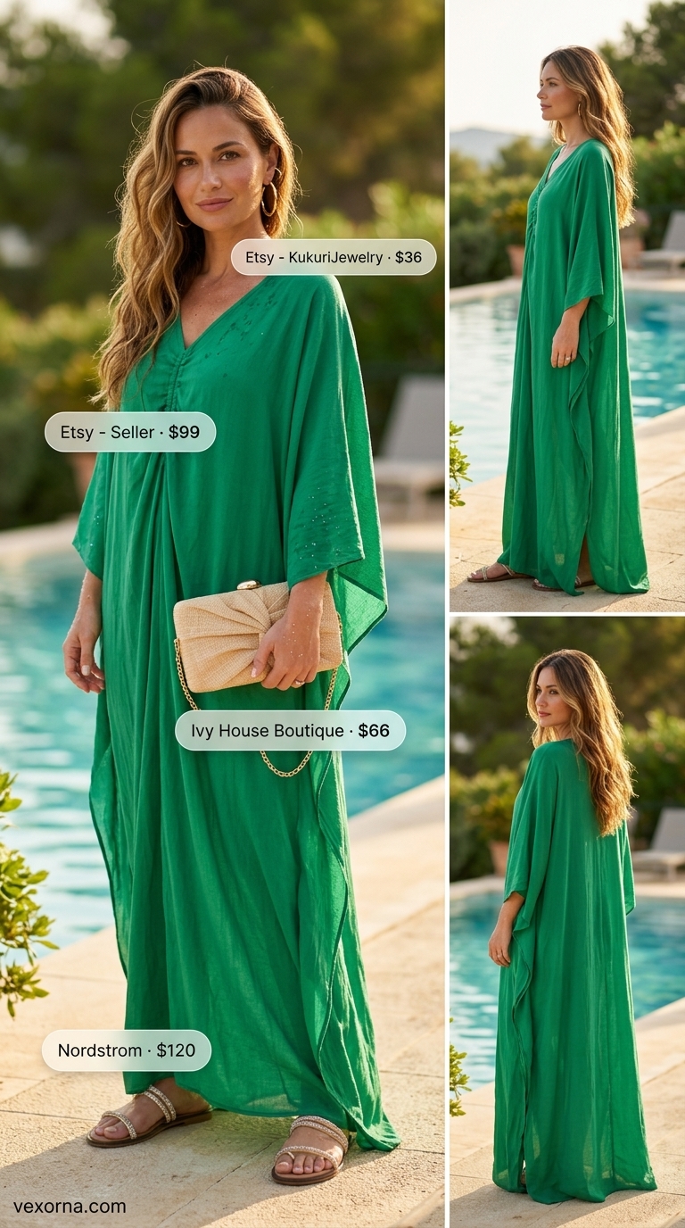 Emerald Oasis Caftan Pool Party Outfits 2026 Emerald Oasis Caftan: Emerald green caftan dress, leopard print scarf, and embellished sandals for tropical summer pool party outfits 2026.