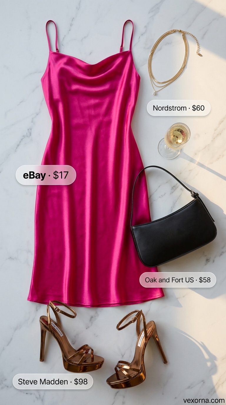 Flamingo Sunset Slip: Hot pink satin slip dress, bronze sandals, and layered gold necklaces for tropical summer pool party outfits 2026.