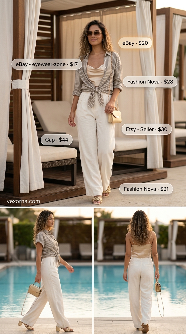 Golden Hour Chic Pool Party Outfits 2026 Golden Hour Chic: White linen pants, gold satin crop top, and metallic mules for tropical summer pool party outfits 2026.