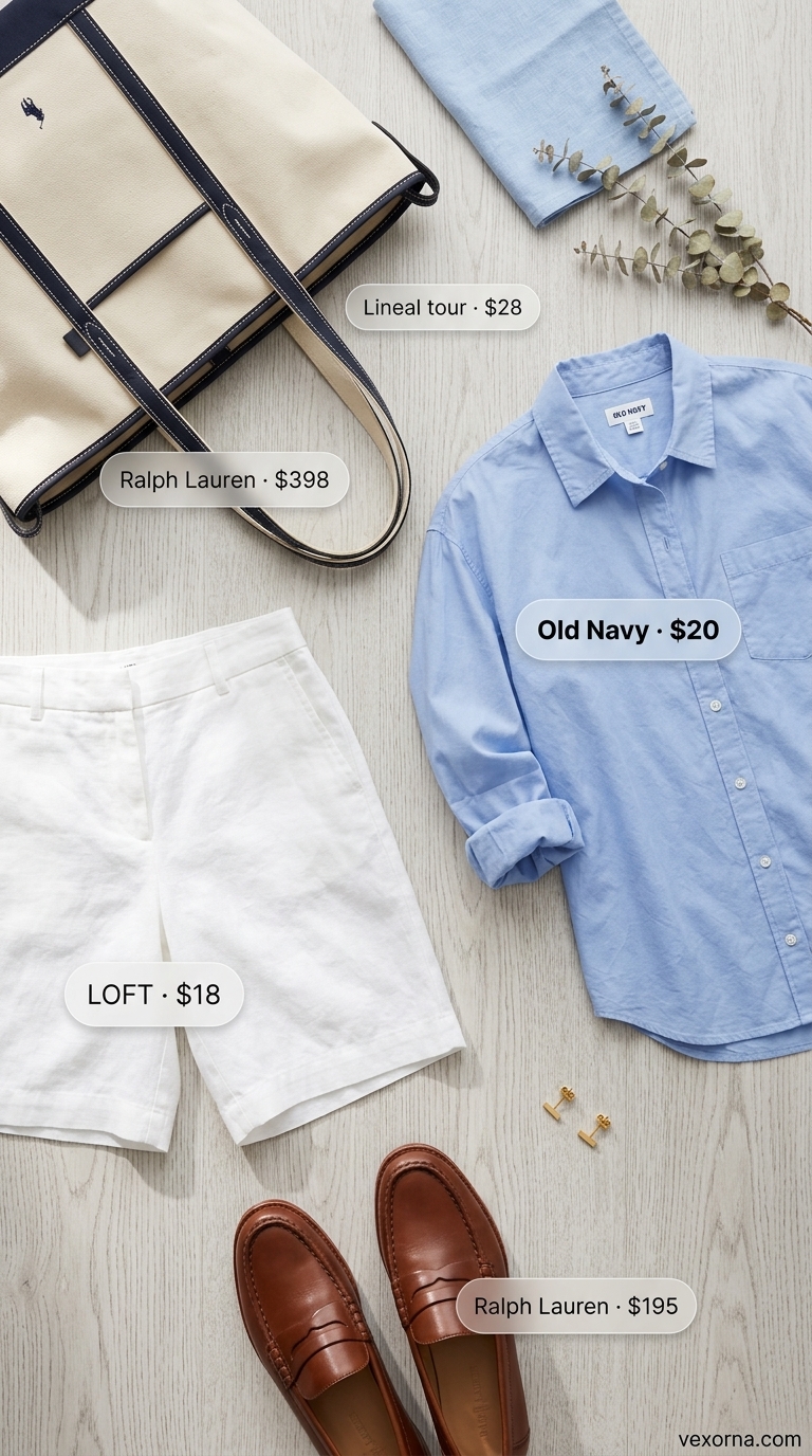 Preppy Poolside Outfits 2026 Preppy Poolside: Sky blue button-down, white linen shorts, and loafers for tropical summer pool party outfits 2026.