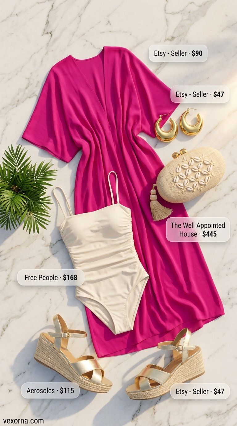 Tropicana Sunset Glam Pool Party Outfits 2026 Tropicana Sunset Glam: Fuchsia caftan maxi dress, gold espadrilles, and cream swimsuit for tropical summer pool party outfits 2026.
