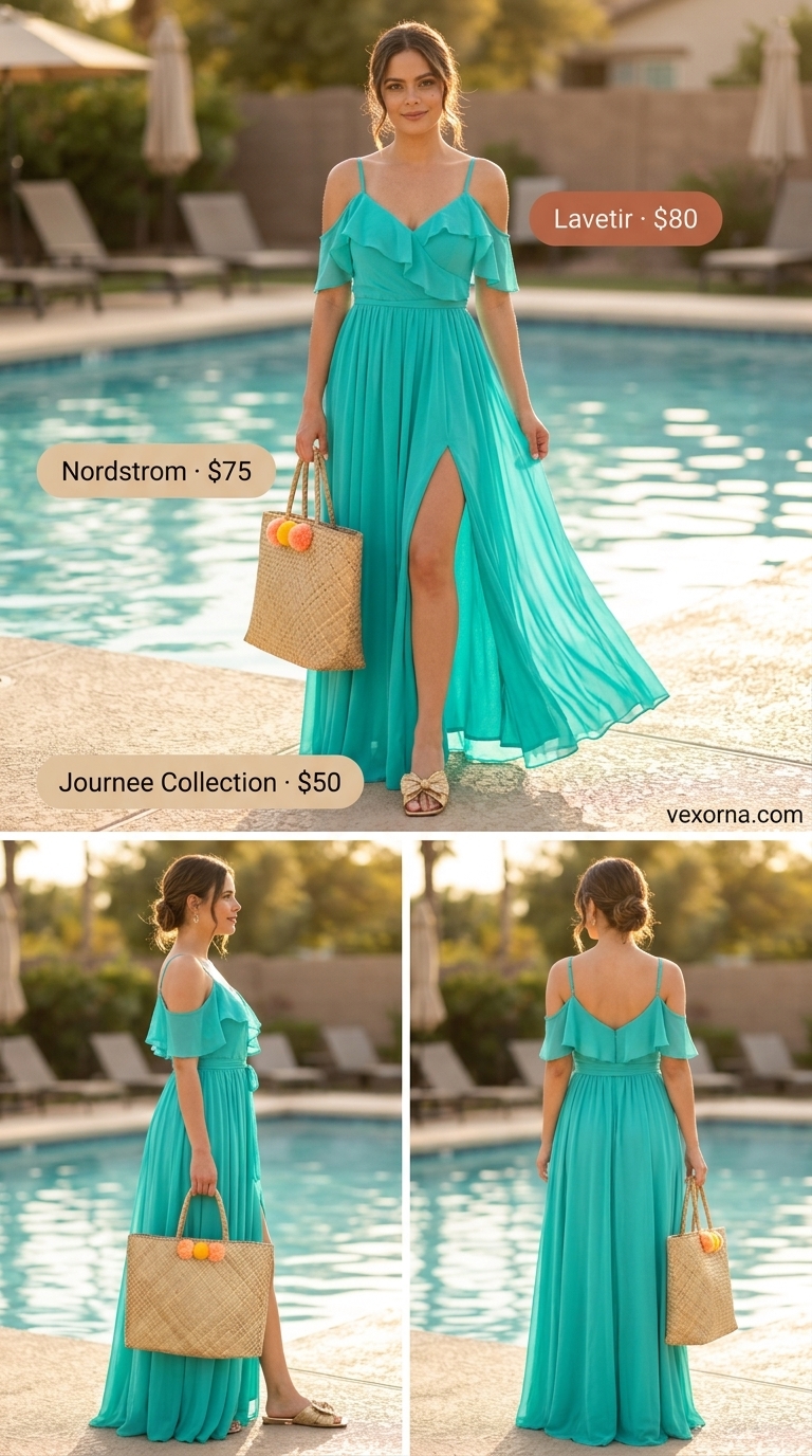 Turquoise Tide Maxi Pool Party Outfits 2026 Turquoise Tide Maxi: Turquoise maxi dress, straw hat, and gold bracelets for tropical summer pool party outfits 2026.