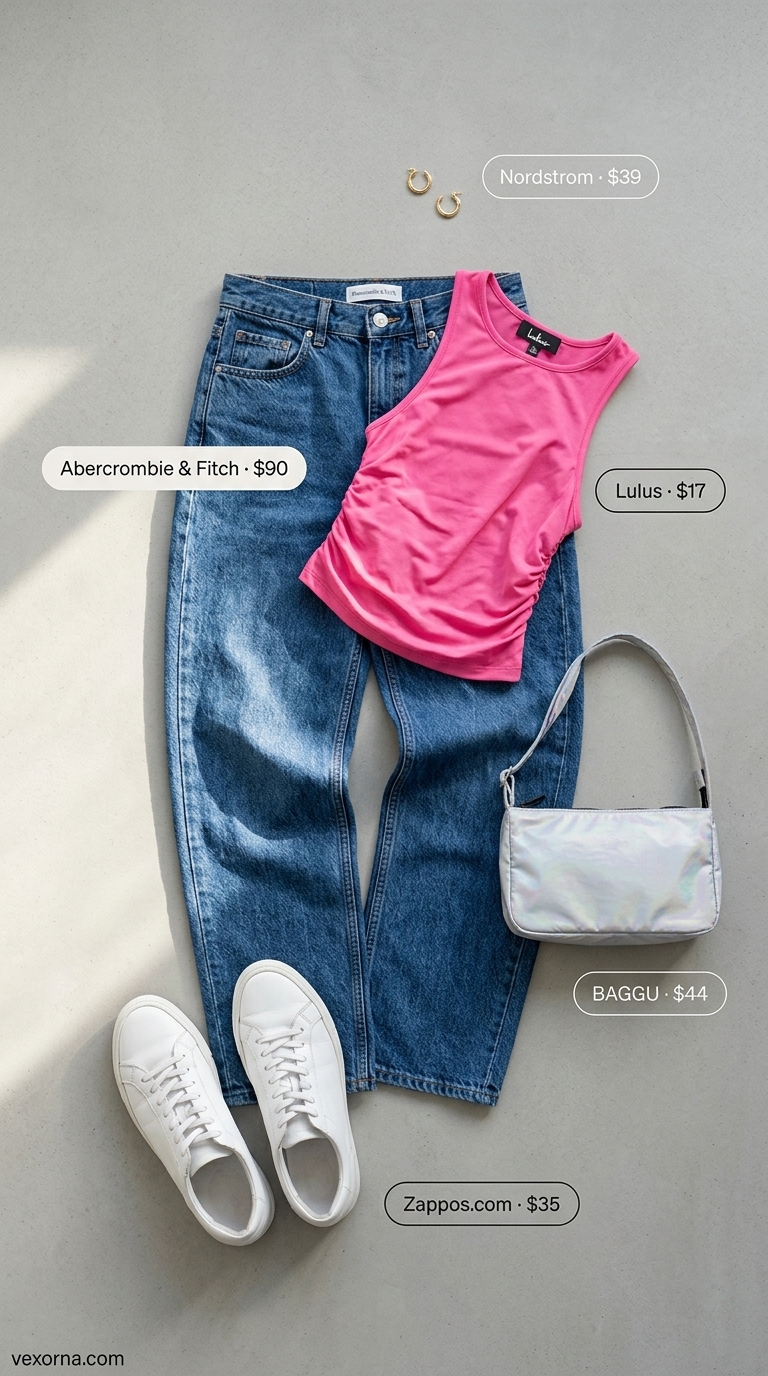 NYC Summer Outfits for Women 2026: Coffee Run Style Urban NYC summer outfits for women 2026: Hot pink tank top, indigo jeans, white mini bag for a casual coffee run.