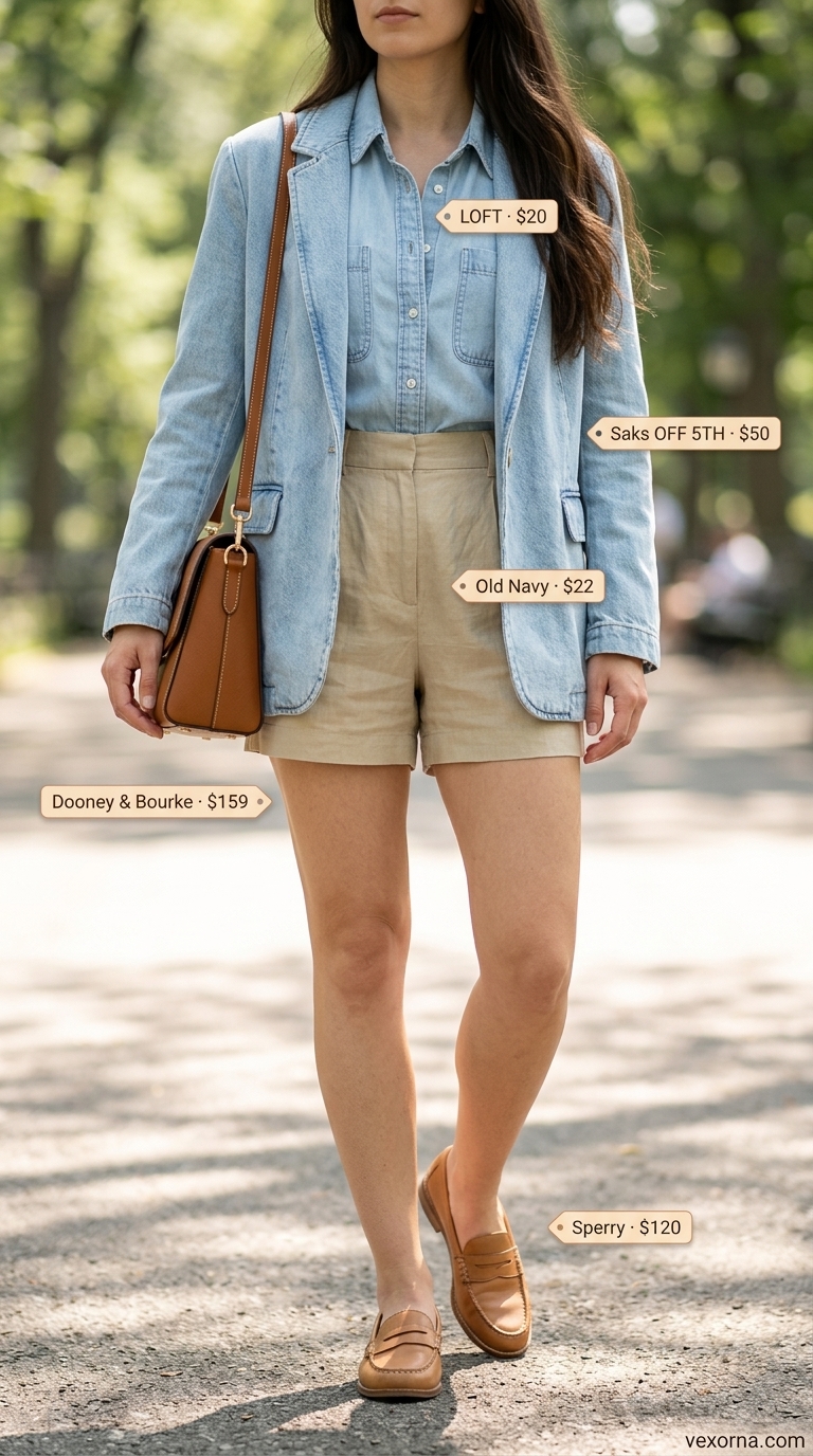 NYC Summer Outfits 2026: Denim Shorts & Crop Top Urban NYC summer outfits for women 2026: White button-down, orange crop top, denim shorts, and sneakers for a park day.