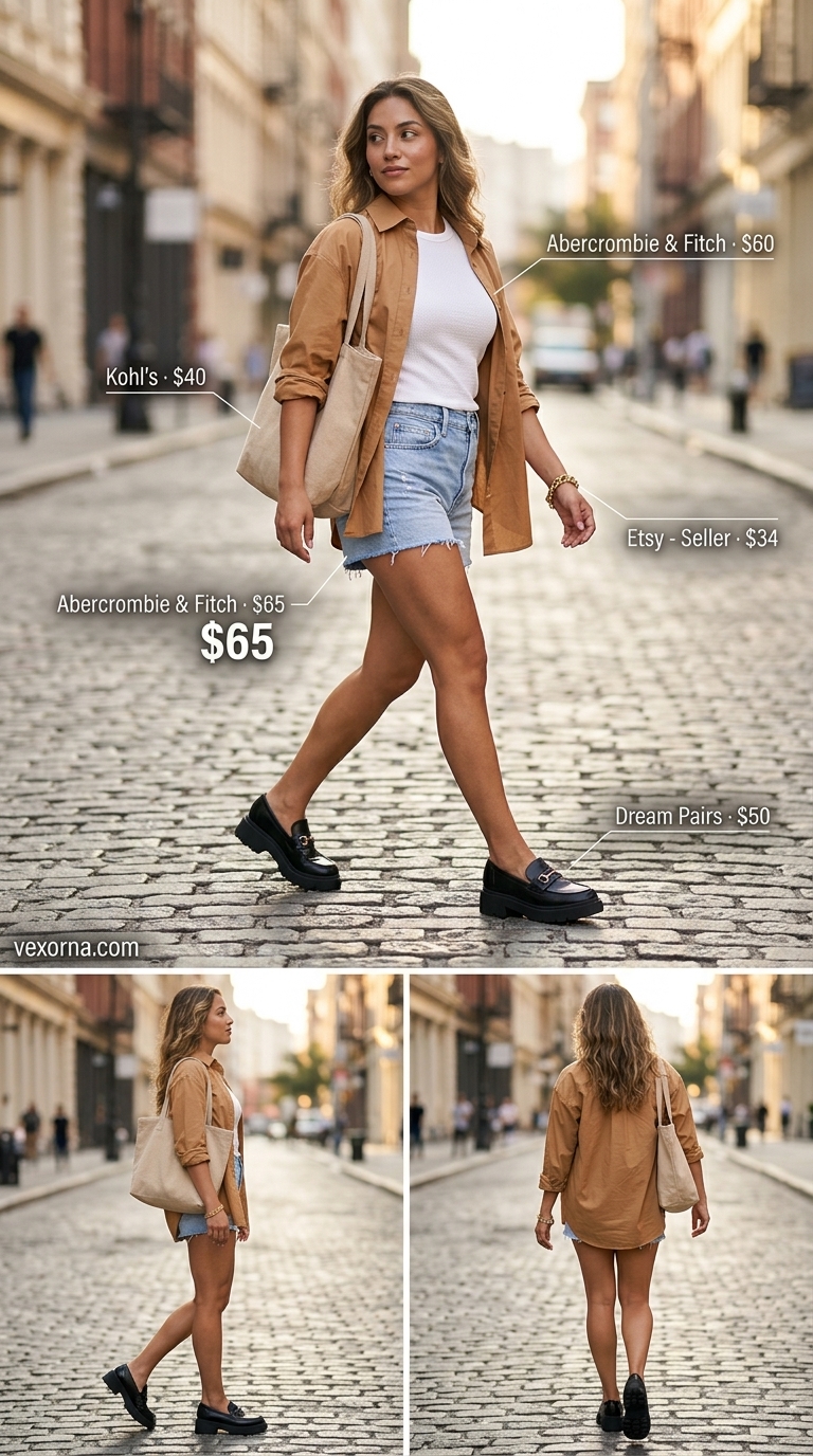 NYC Summer Outfits for Women 2026: Artsy Brunch Style Urban NYC summer outfits for women 2026: Light wash denim shorts, oversized white shirt for a relaxed artsy look.