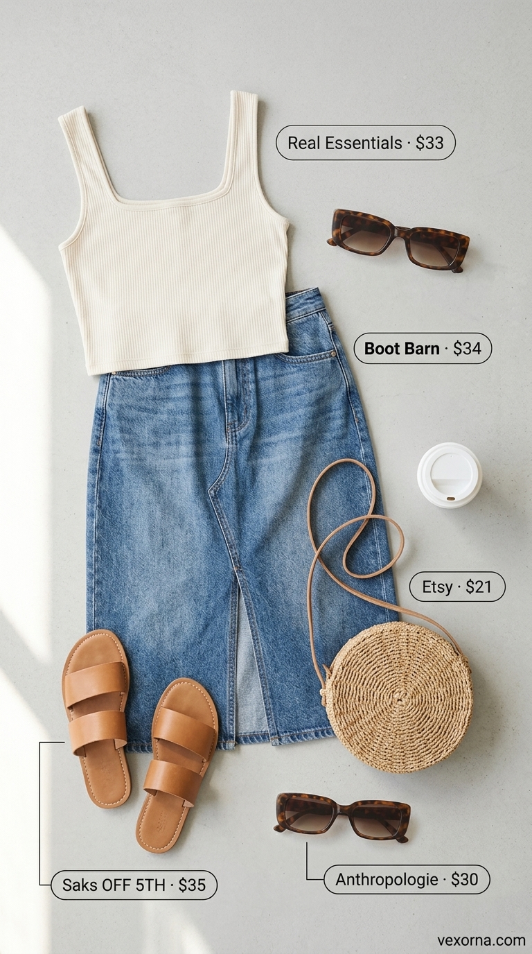 NYC Summer Outfits 2026: Denim Skirt & Cream Top Urban NYC summer outfits for women 2026: Light wash denim midi skirt, cream crop top, tan slides, and straw bag for a museum day.
