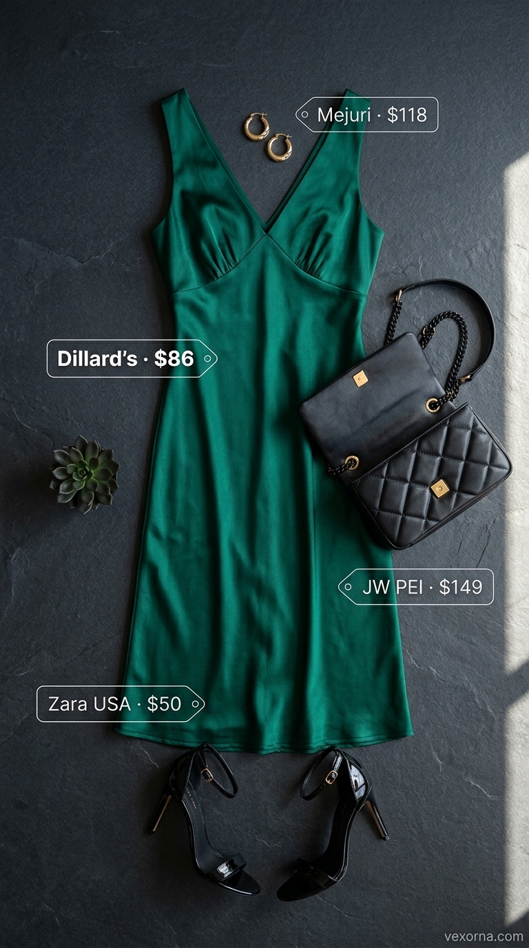 NYC Summer Outfits 2026: Emerald Slip Dress Urban NYC summer outfits for women 2026: Emerald green satin slip dress, black strappy heels, and gold jewelry for a rooftop event.
