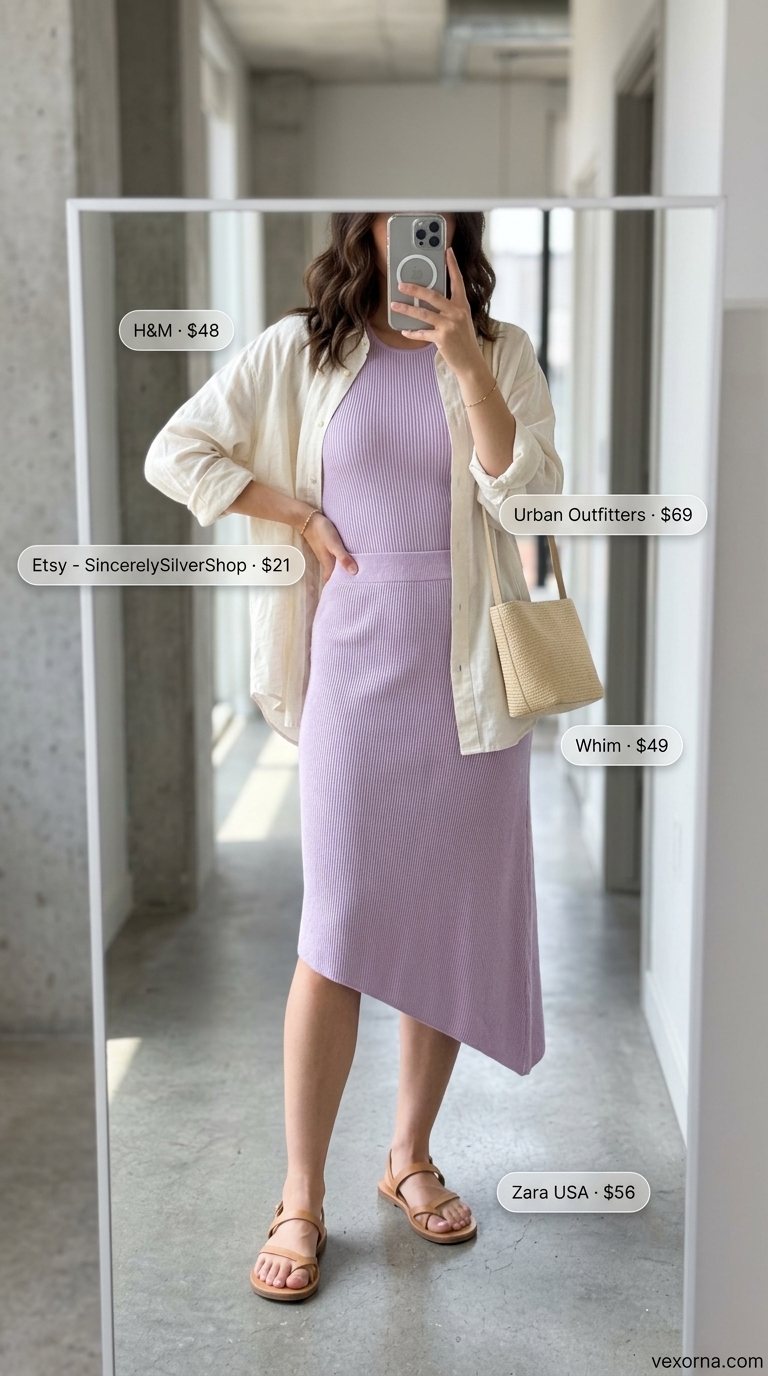 NYC Summer Outfits 2026: Lilac Linen Set Urban NYC summer outfits for women 2026: Lilac linen matching set, white oversized shirt, and espadrille wedges for a stylish stroll.