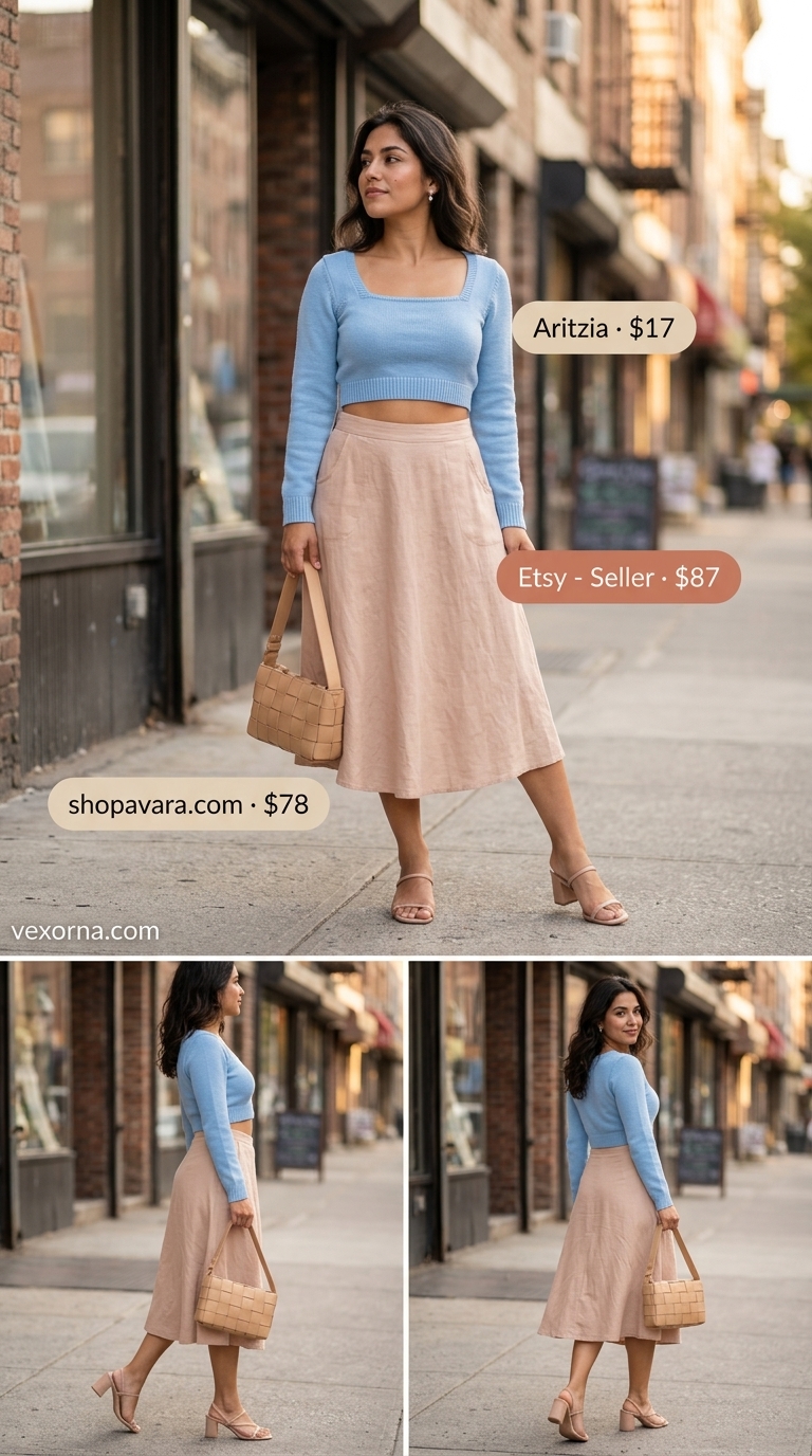 NYC Summer Outfits for Women 2026: Playful Mini Skirt Urban NYC summer outfits for women 2026: Sky blue linen skirt, white crop top for a playful chic look.