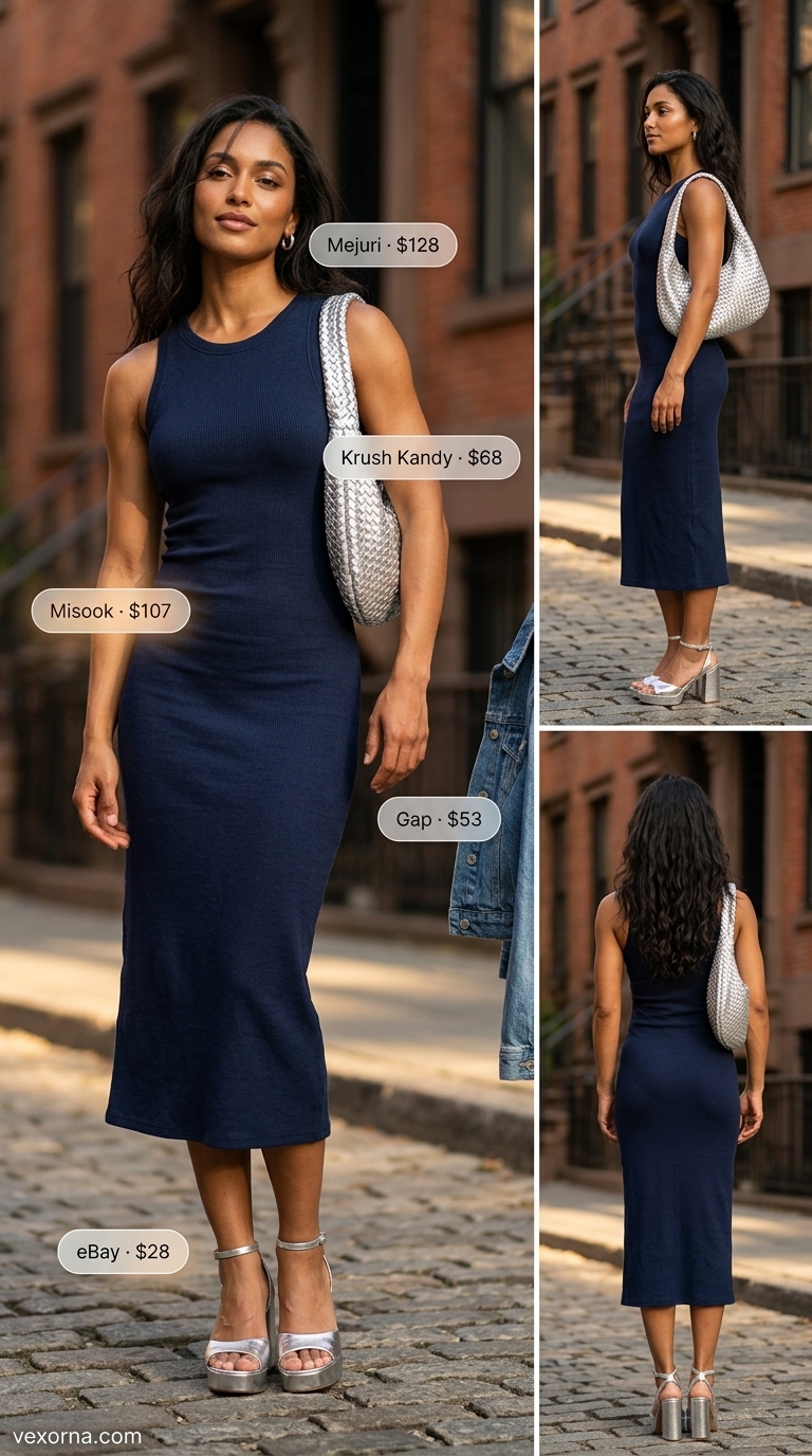 NYC Summer Outfits for Women 2026: Maxi Dress Breeze Urban NYC summer outfits for women 2026: Navy knit maxi dress, white denim jacket for a relaxed evening stroll.