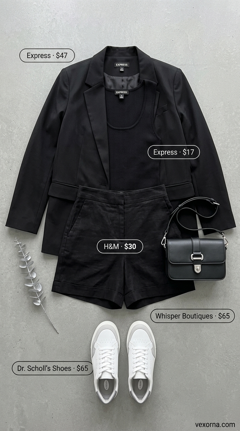 NYC Summer Outfits 2026: Monochrome Shorts Set Urban NYC summer outfits for women 2026: Black linen shorts, white tank, black blazer, and white sneakers for a polished look.