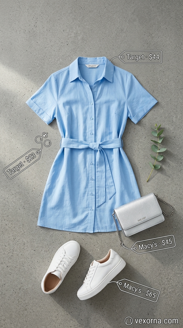 NYC Summer Outfits 2026: Sky Blue Shirt Dress Urban NYC summer outfits for women 2026: Sky blue shirt dress, white sneakers, and silver earrings for a fresh daytime look.