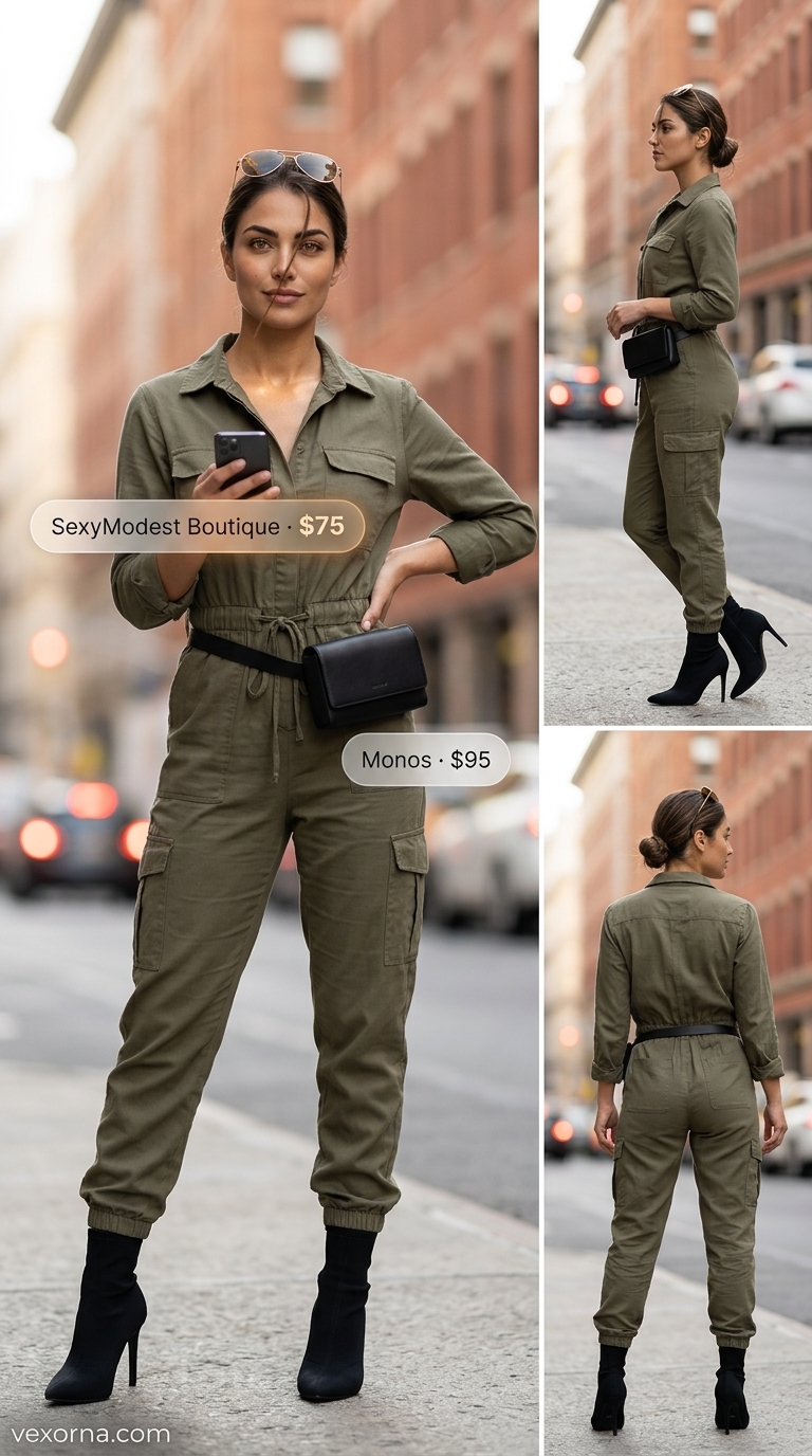 Urban NYC summer outfits for women 2026: Khaki utility jumpsuit, black ankle boots for a modern edgy look.