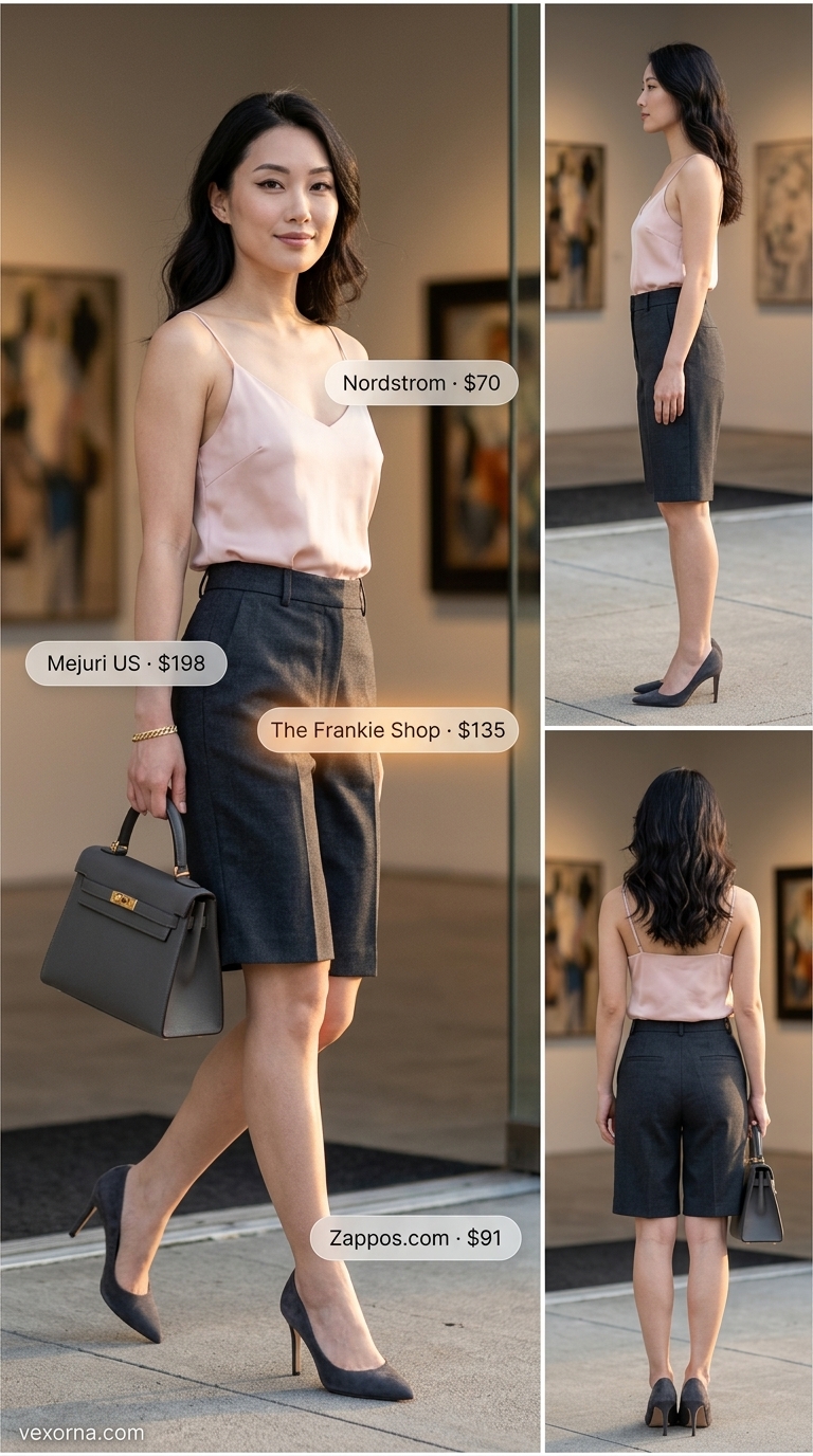 Urban NYC Summer Outfits 2026: Gallery Chic Urban NYC summer outfits for women 2026: Charcoal grey shorts, blush camisole, and heeled mules for gallery opening.
