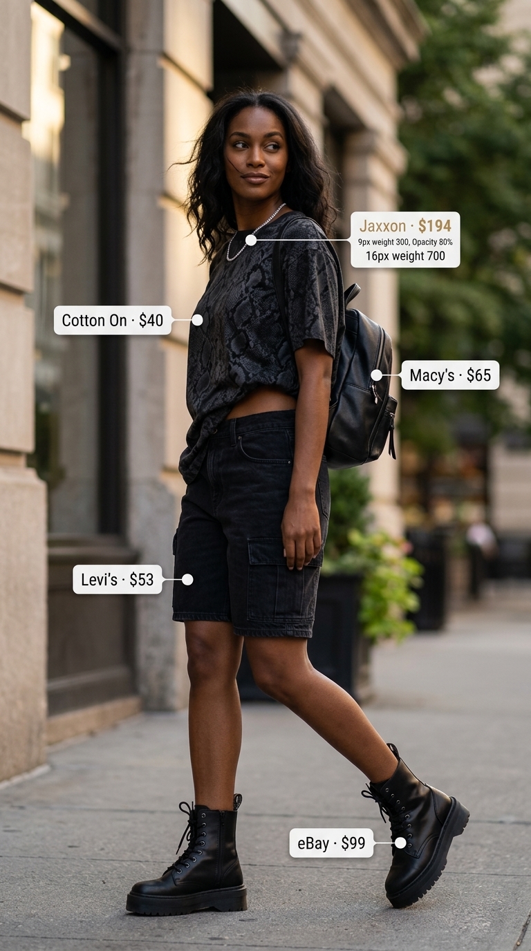 Urban NYC Summer Outfits 2026: Edgy Retro Vibe Urban NYC summer outfits for women 2026: Cargo shorts, graphic tee, and combat boots for edgy retro style.