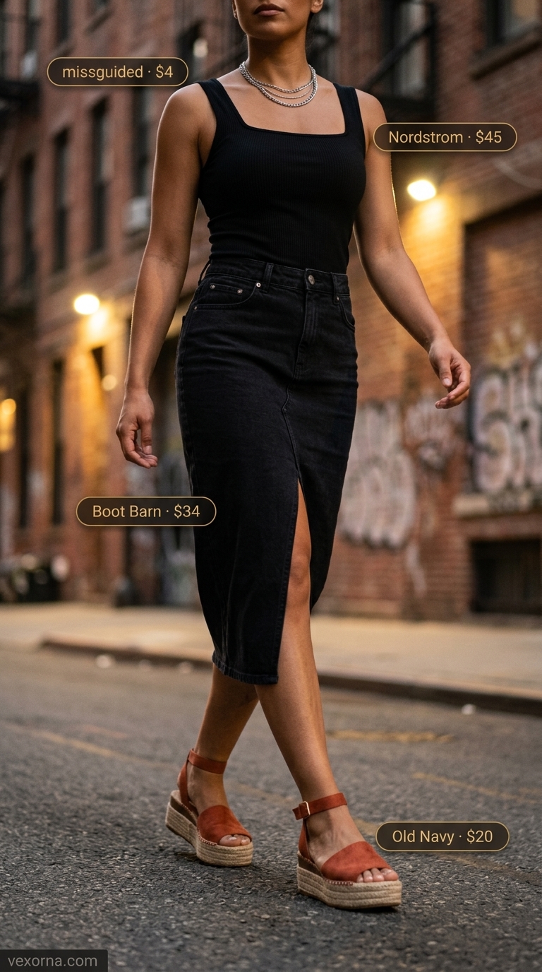 Urban NYC Summer Outfits 2026: Edgy Night Out Urban NYC summer outfits for women 2026: Denim midi skirt, graphic tee, and combat boots for night out.