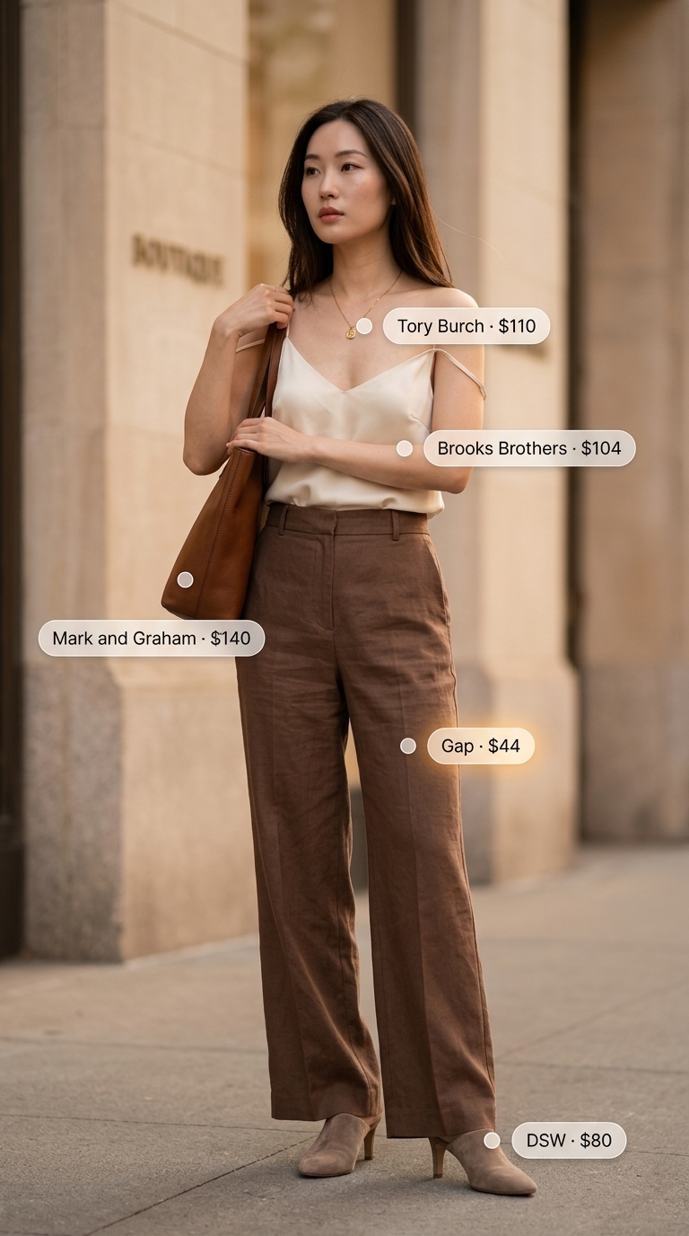 Urban NYC Summer Outfits 2026: Power Brunch Urban NYC summer outfits for women 2026: Cream linen trousers, mocha camisole, and gold jewelry for brunch.