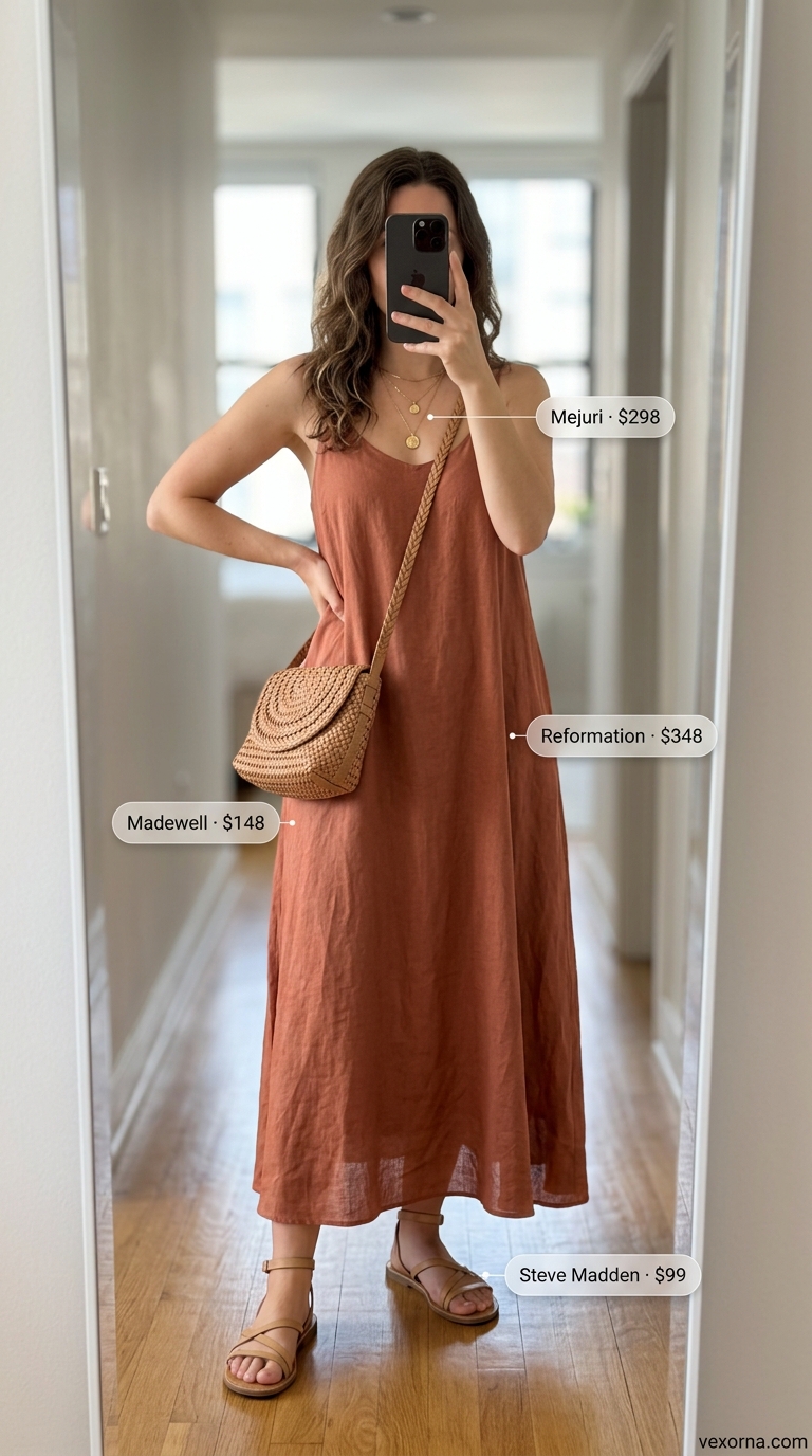 Urban NYC Summer Outfits 2026: Maxi Dress Dinner Urban NYC summer outfits for women 2026: Terracotta maxi dress, straw clutch, and gold jewelry for waterfront dinners.