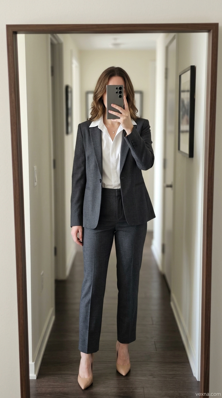 Urban NYC Summer Outfits 2026: Office Chic Urban NYC summer outfits for women 2026: Charcoal grey shorts suit, white camisole, and nude mules for office.