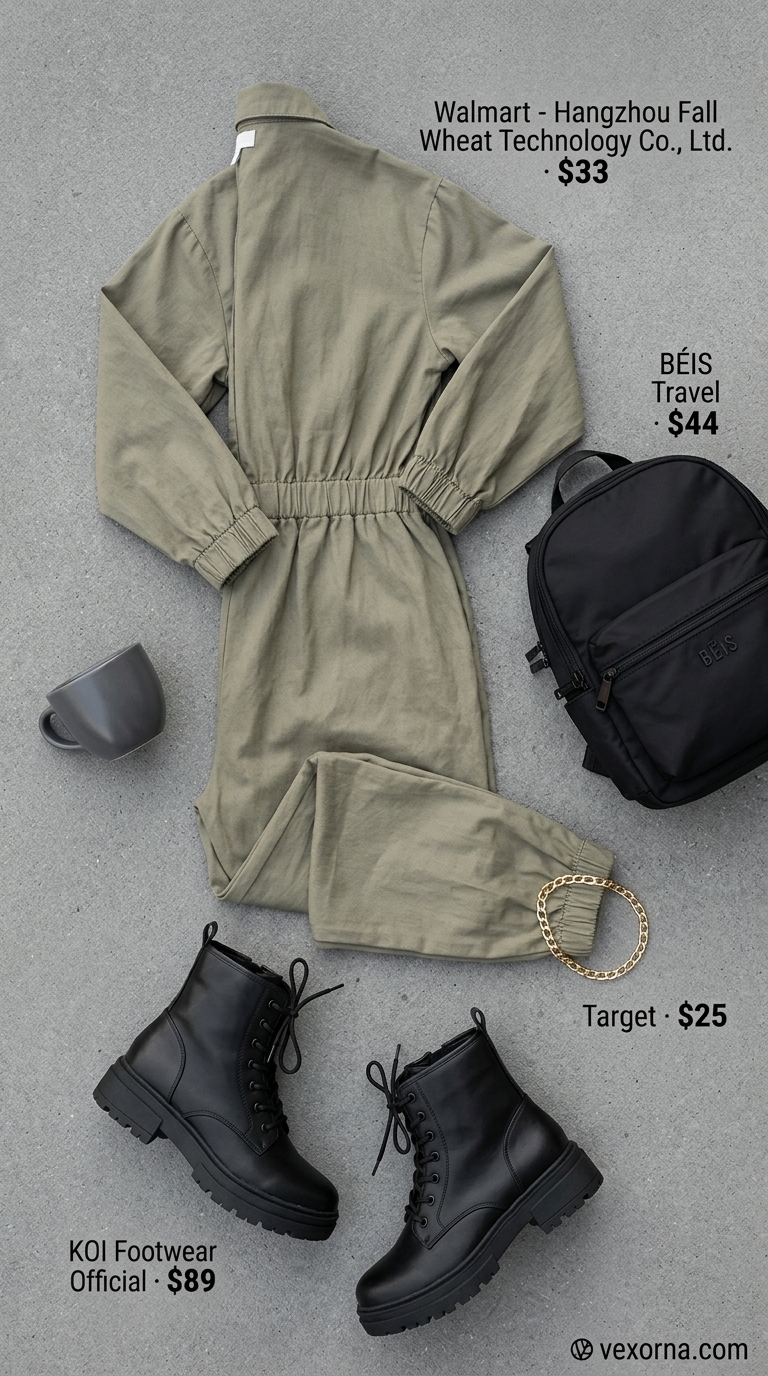 Urban NYC Summer Outfits 2026: Jumpsuit Style Urban NYC summer outfit for women 2026: Khaki green utility jumpsuit, black combat boots, and belt bag for day trips.