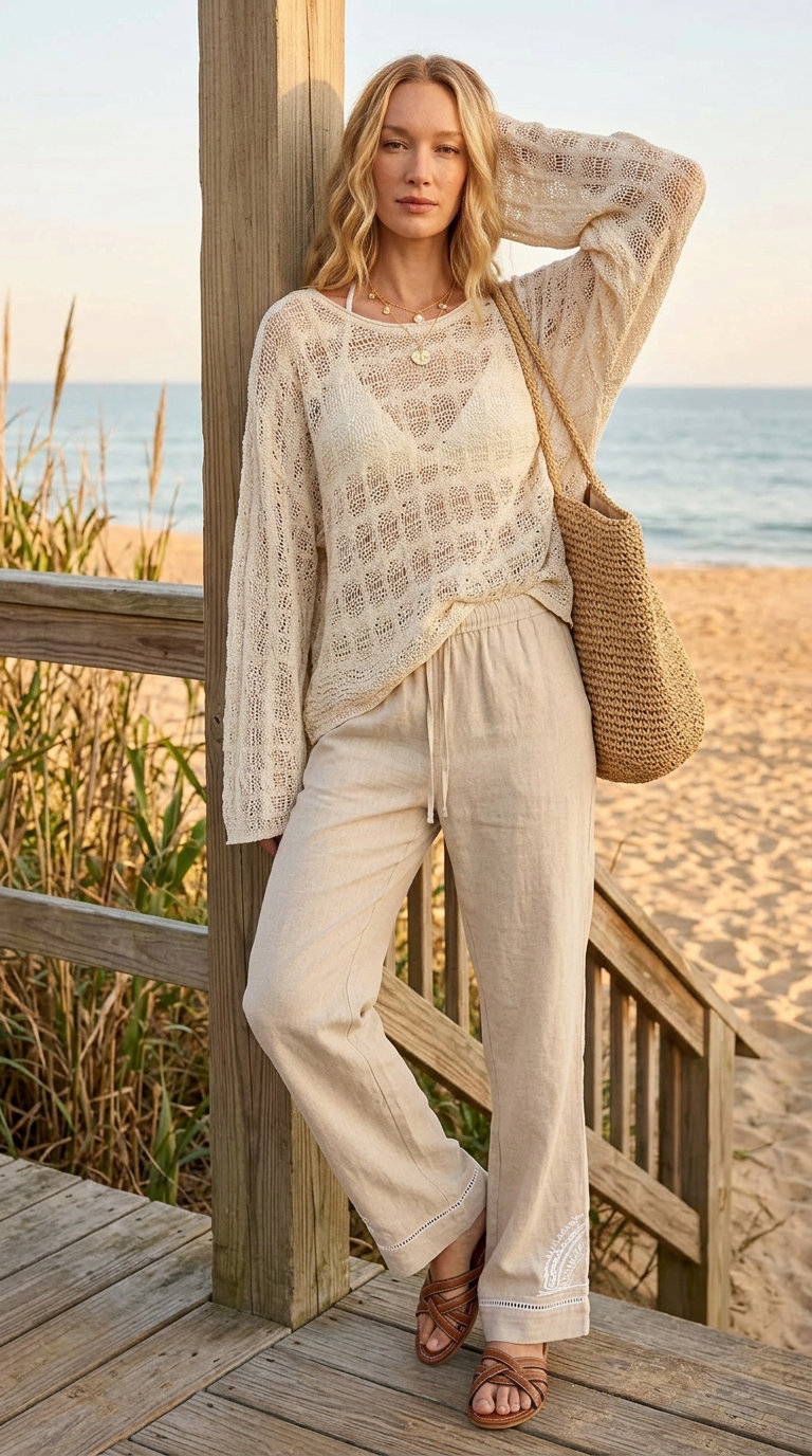 Coastal Crochet & Linen Breeze: Versatile Every Day Summer Outfits 2026 Cream open-knit crochet sweater over a bikini top with natural linen wide-leg pants and flat slide sandals, styled for versatile every day summer outfits for women 2026.