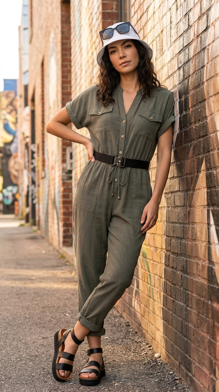 Urban Explorer: Versatile Every Day Summer Outfits 2026 Olive green utility jumpsuit with black platform sandals and a cream bucket hat, styled for versatile every day summer outfits for women 2026. Includes a black utility belt and oversized sunglasses for a practical, modern look.